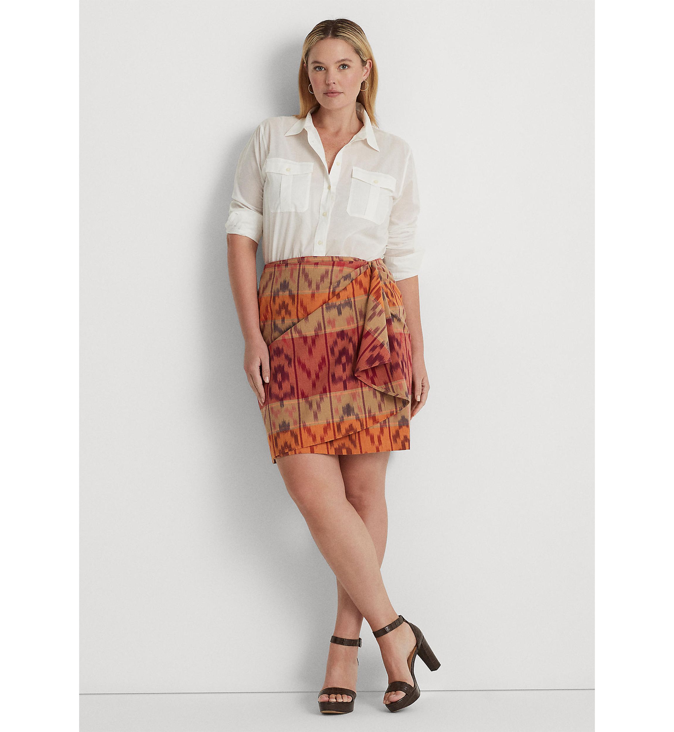 Plus-Size Geo-Motif Cotton-Linen Wrap Skirt
