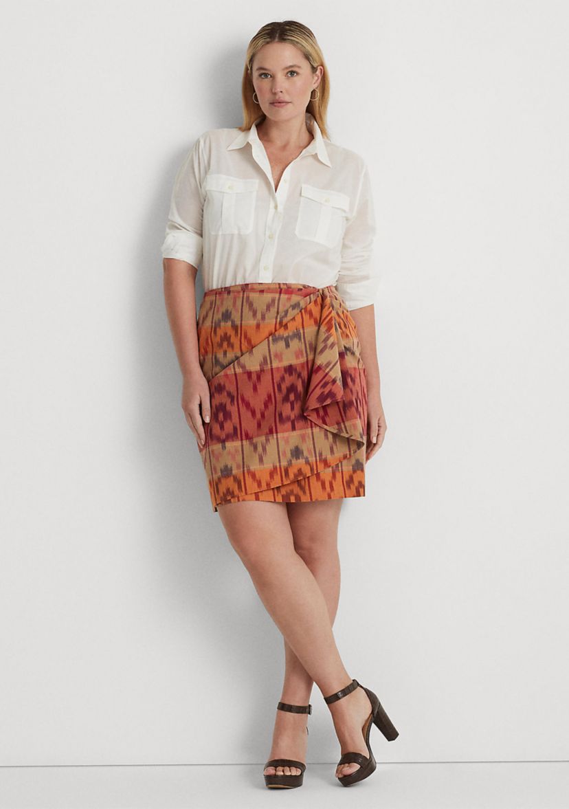 Plus-Size Geo-Motif Cotton-Linen Wrap Skirt