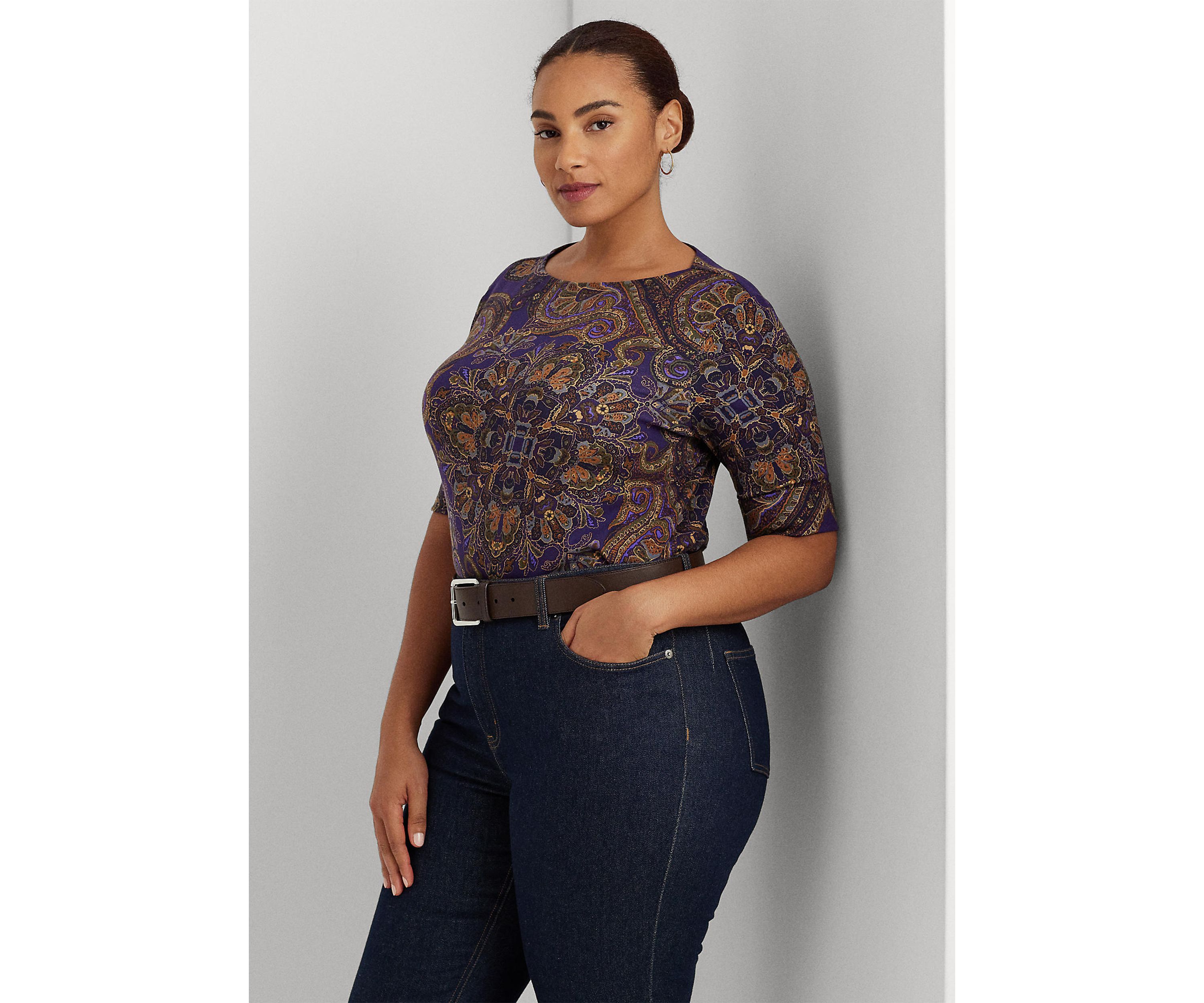 Plus Size Paisley Stretch Cotton Boat Neck T-Shirt