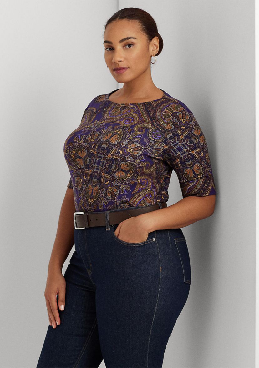 Plus Size Paisley Stretch Cotton Boat Neck T-Shirt