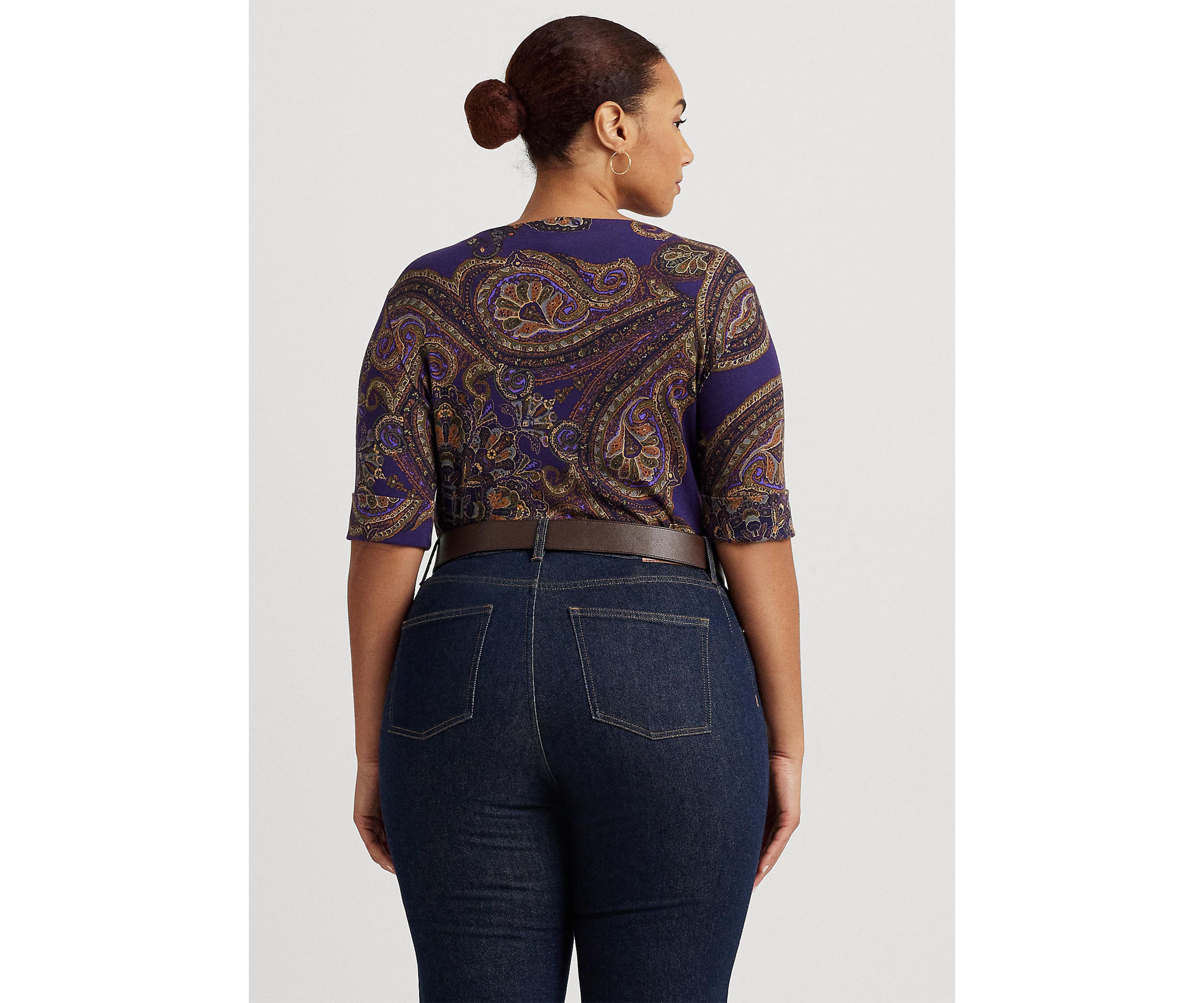 Plus Size Paisley Stretch Cotton Boat Neck T-Shirt