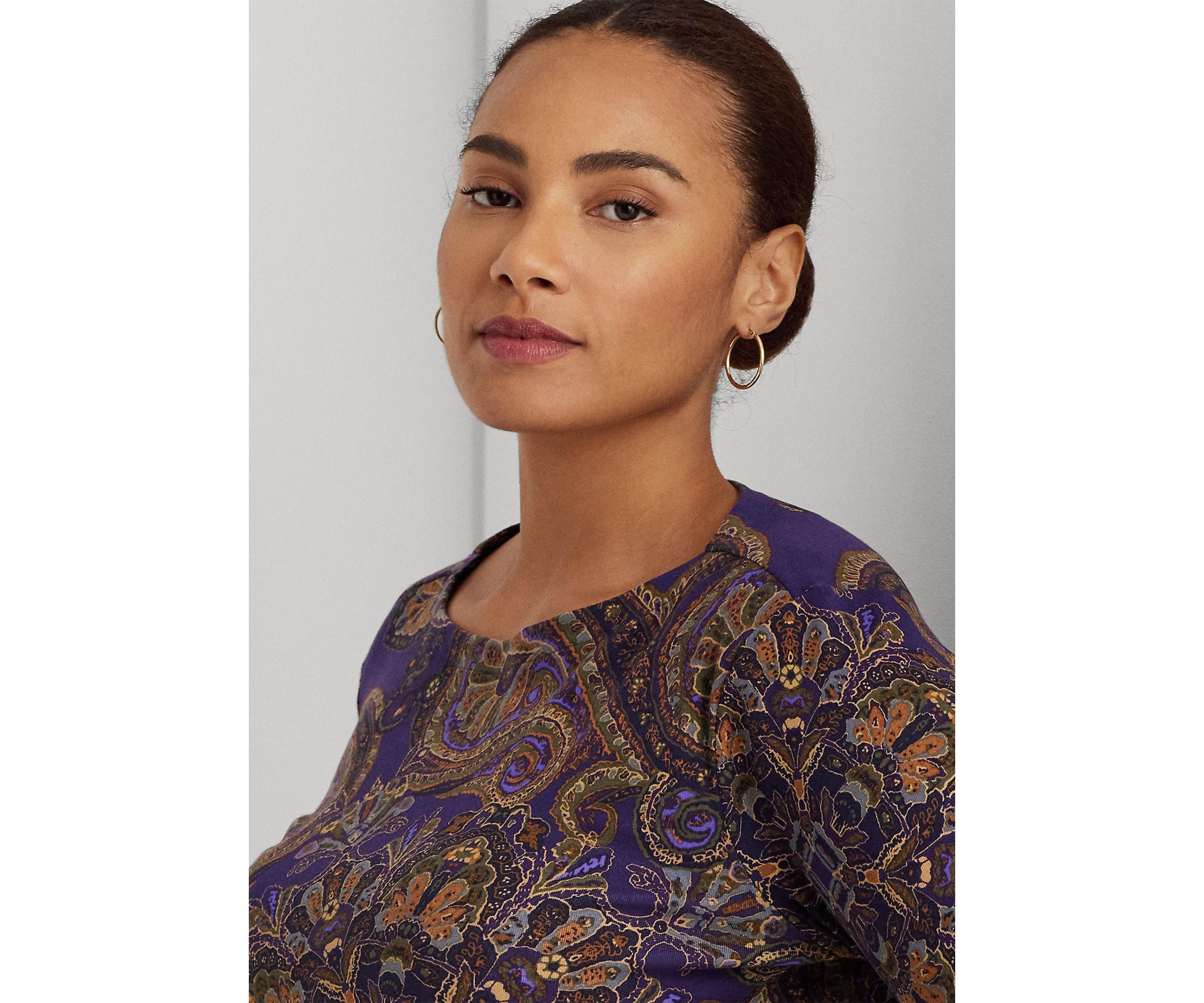 Plus Size Paisley Stretch Cotton Boat Neck T-Shirt