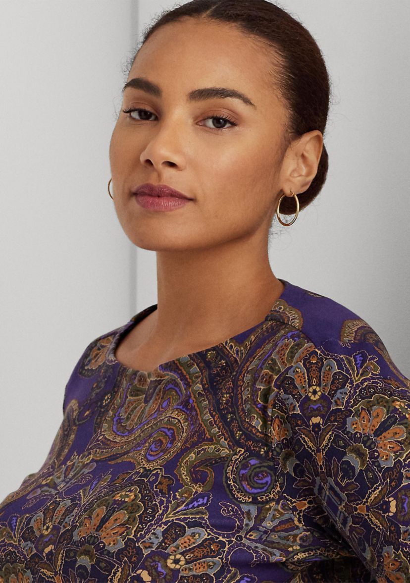 Plus Size Paisley Stretch Cotton Boat Neck T-Shirt