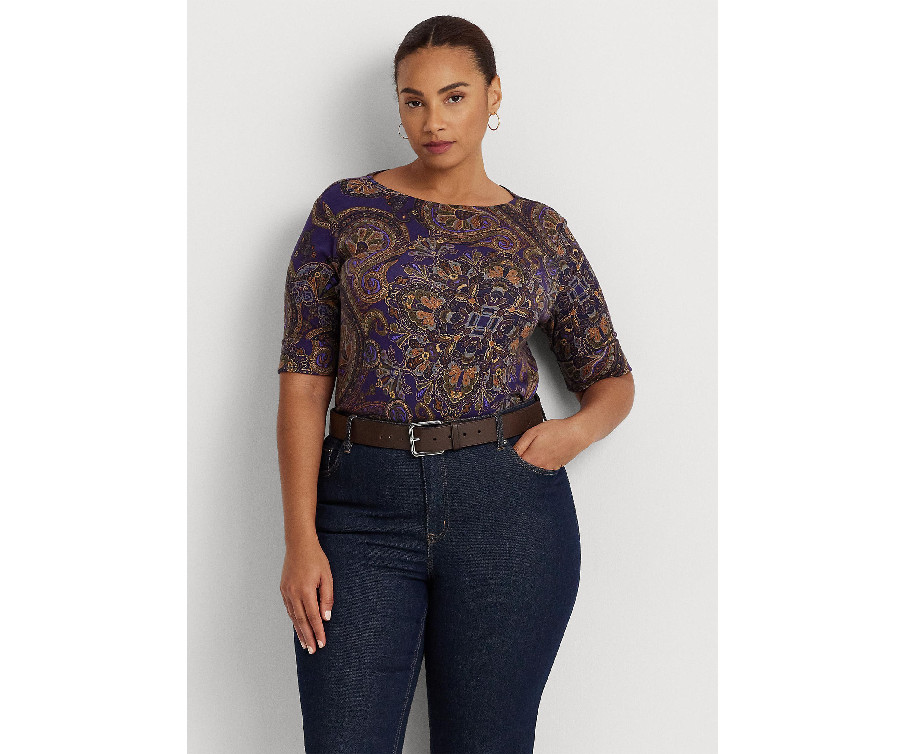 Plus Size Paisley Stretch Cotton Boat Neck T-Shirt