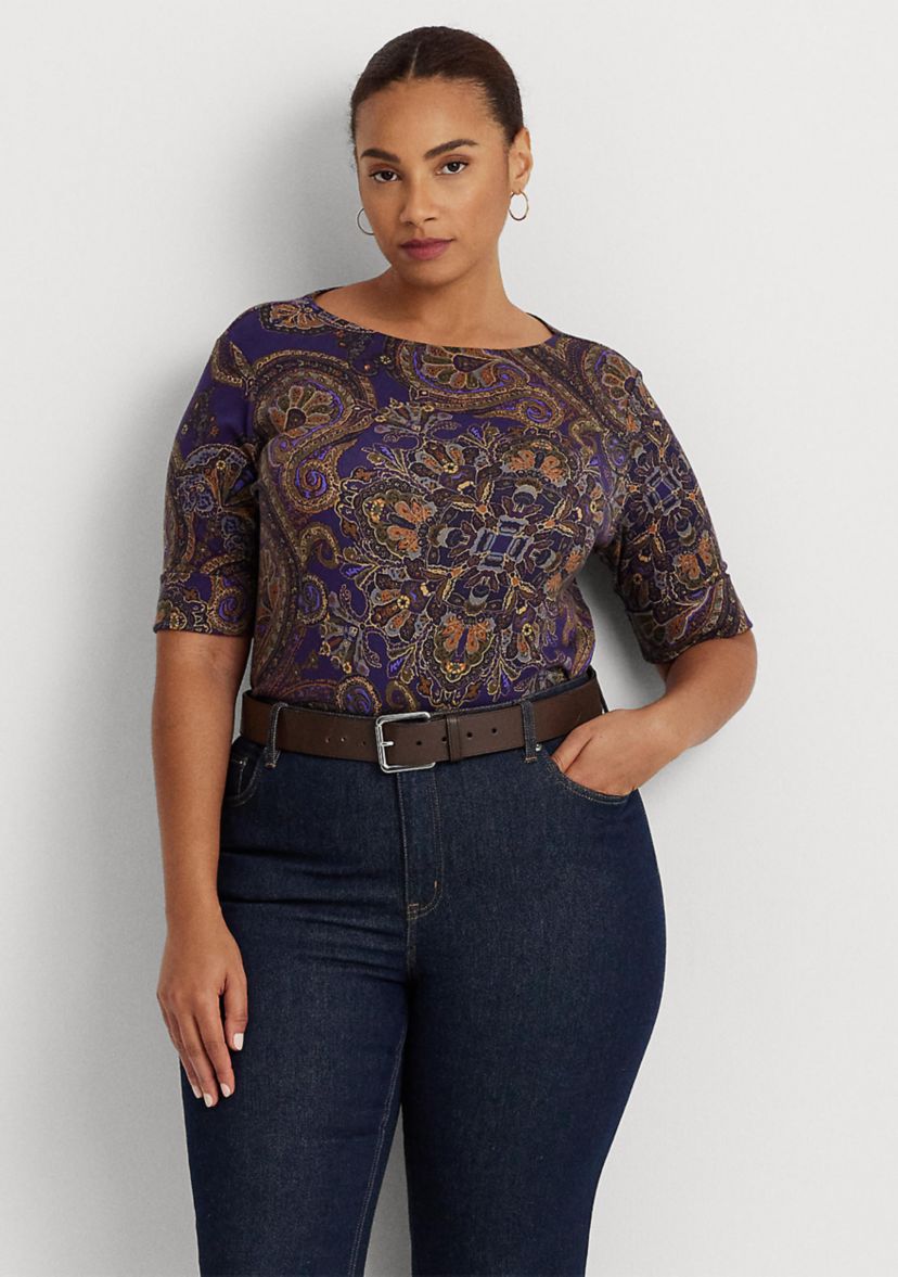 Plus Size Paisley Stretch Cotton Boat Neck T-Shirt