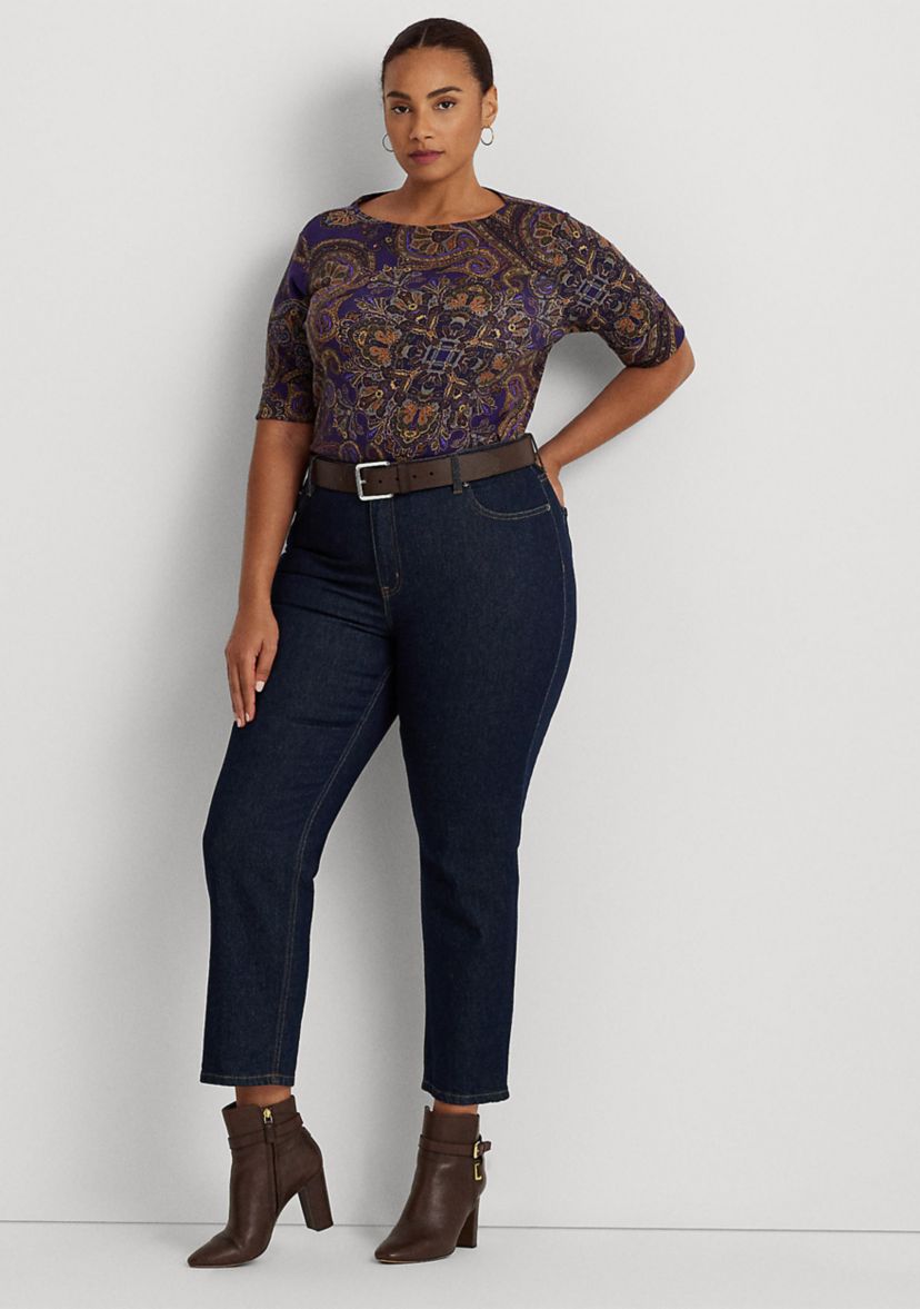 Plus Size Paisley Stretch Cotton Boat Neck T-Shirt
