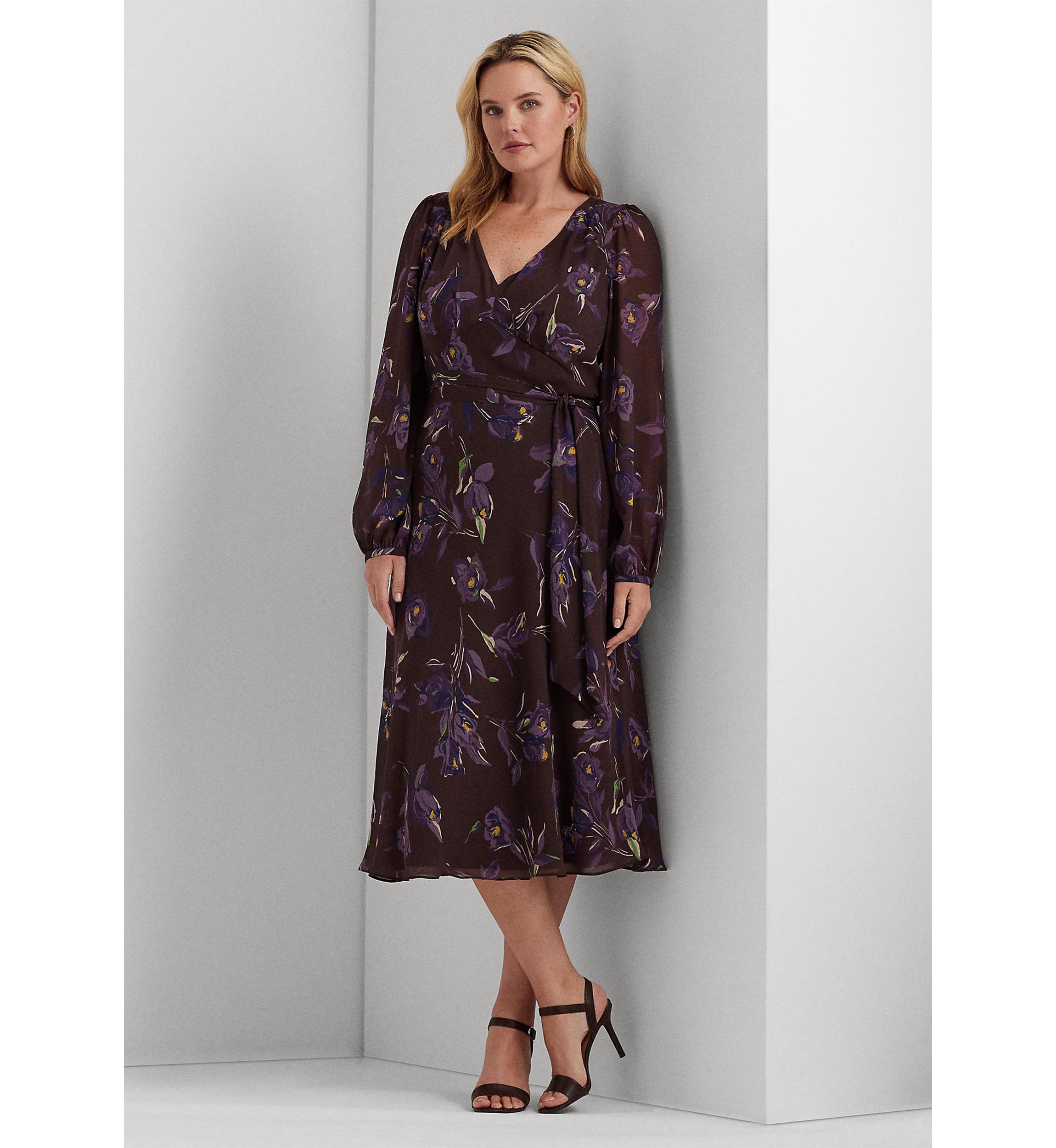Plus Size Floral Belted Crinkle Georgette Dress