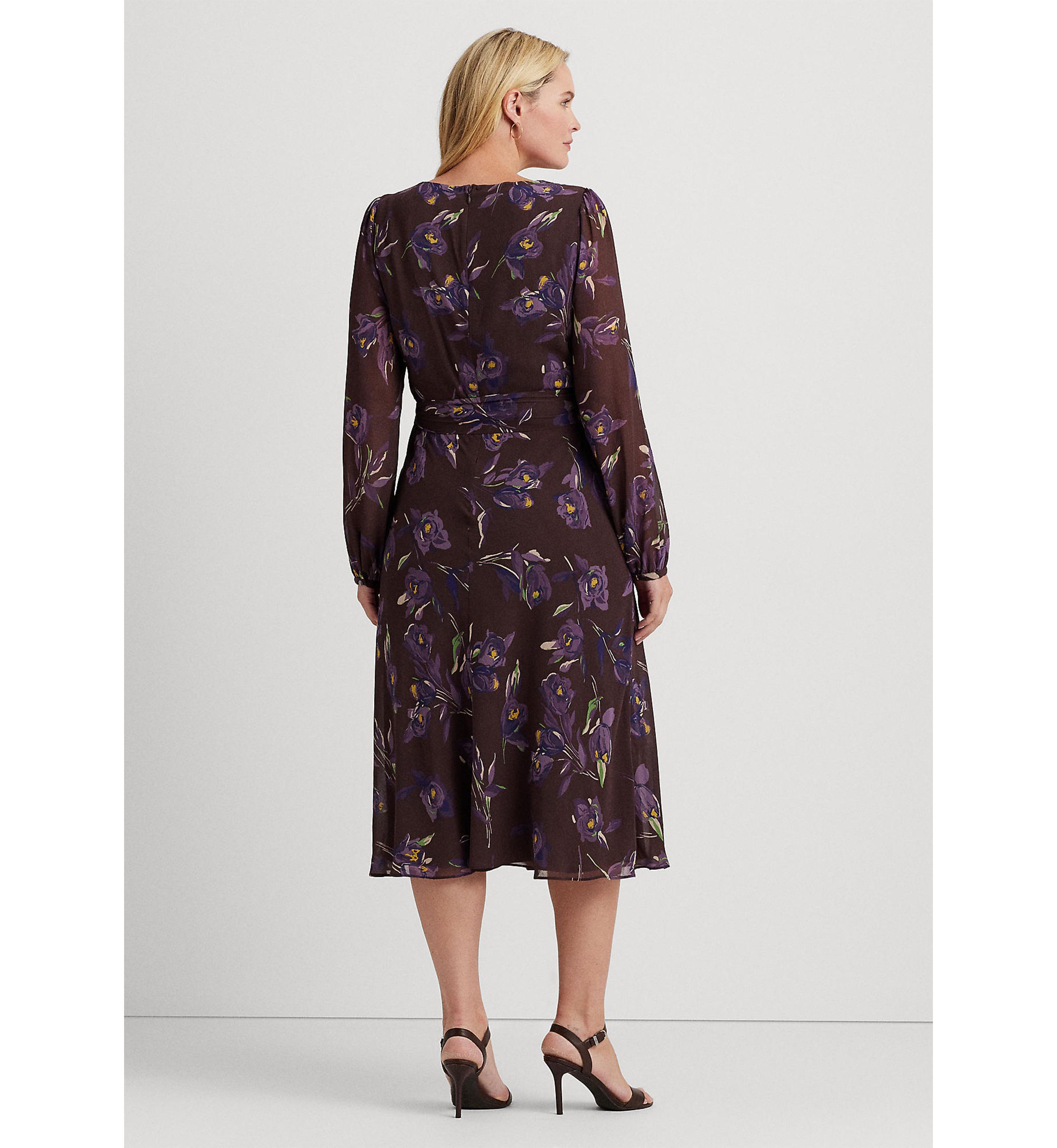 Plus Size Floral Belted Crinkle Georgette Dress
