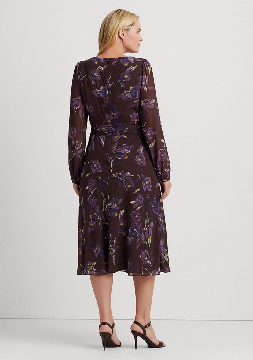 Plus Size Floral Belted Crinkle Georgette Dress