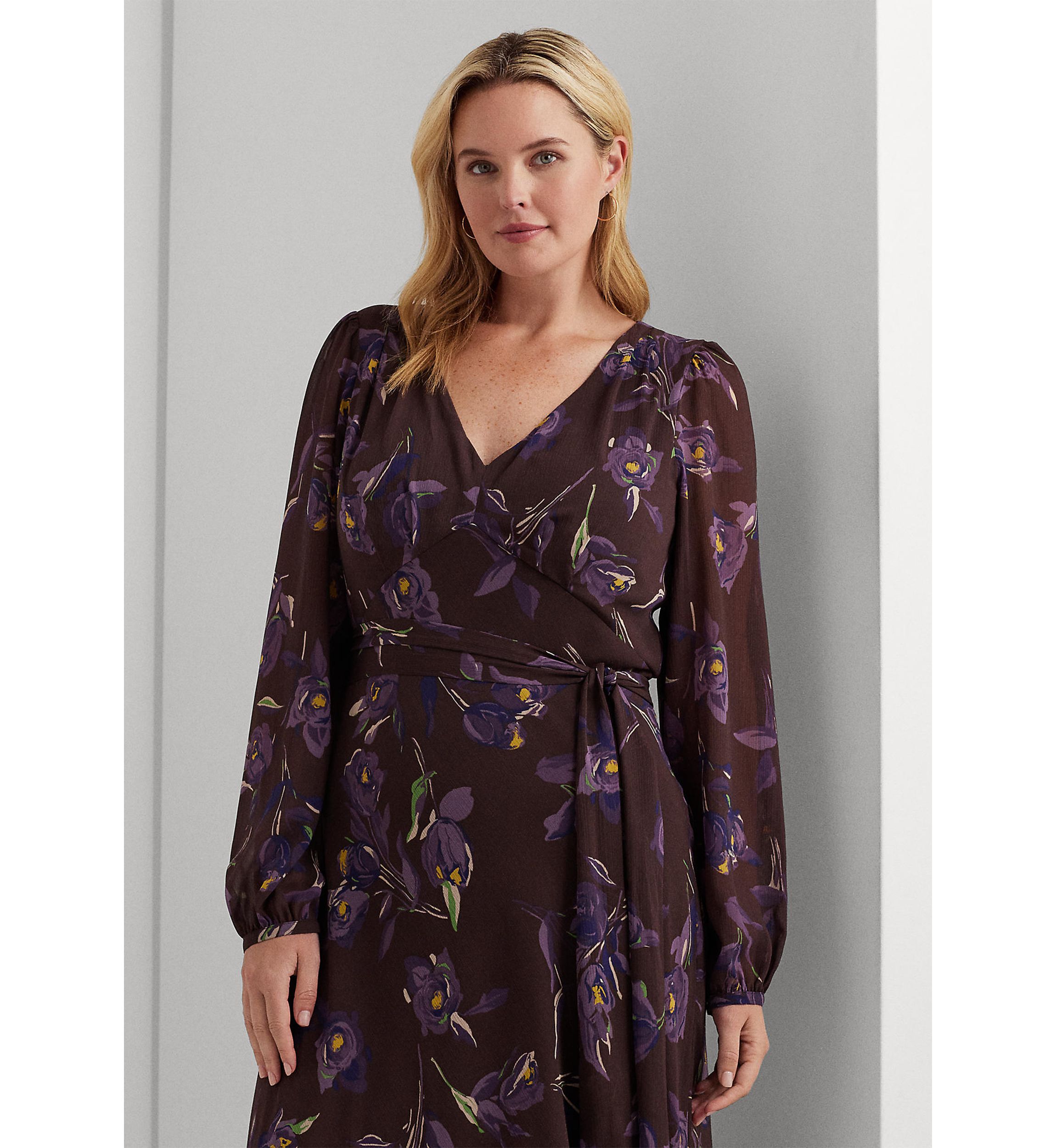Plus Size Floral Belted Crinkle Georgette Dress