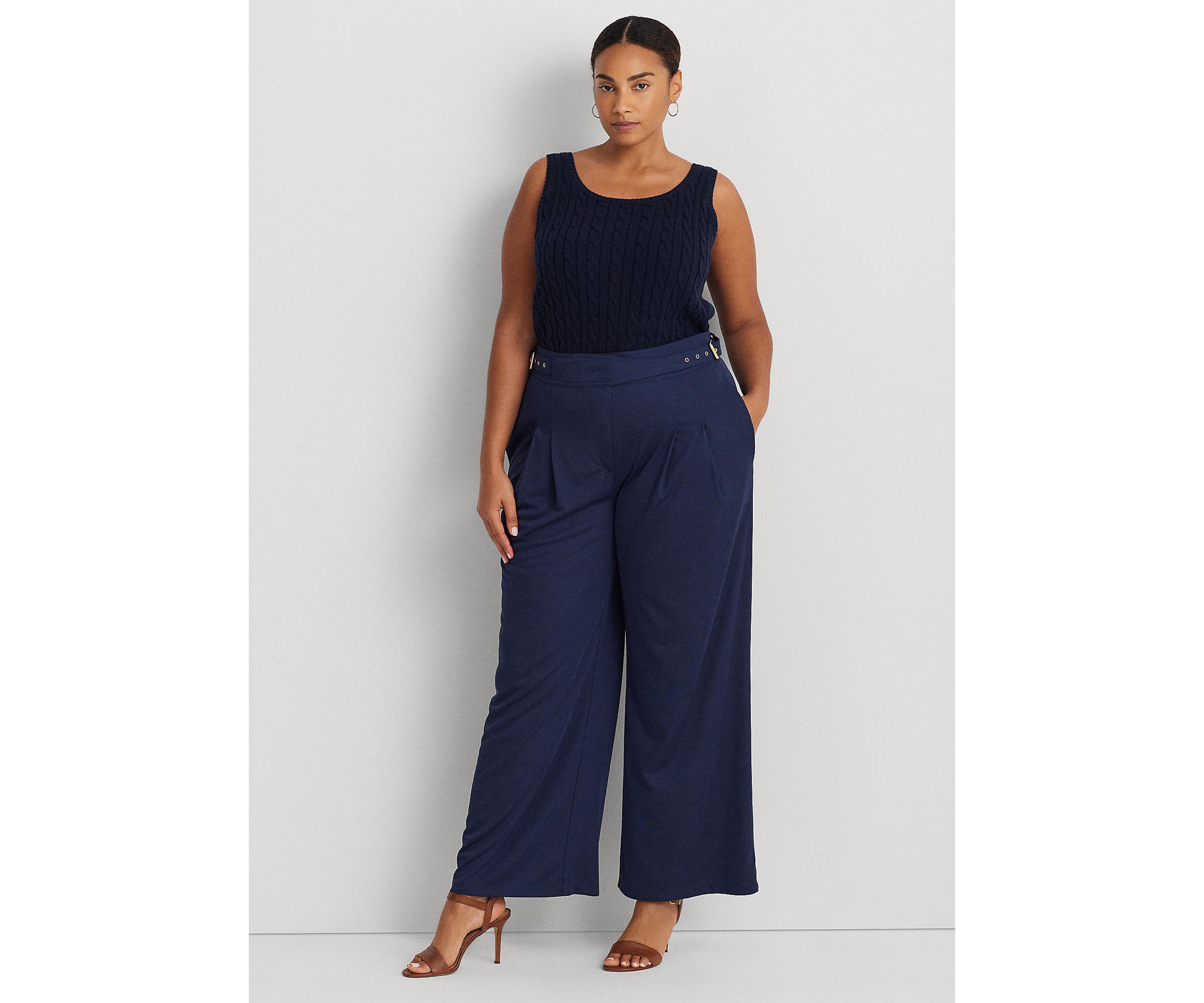 Plus Size Pleated Stretch Jersey Wide Leg Pants