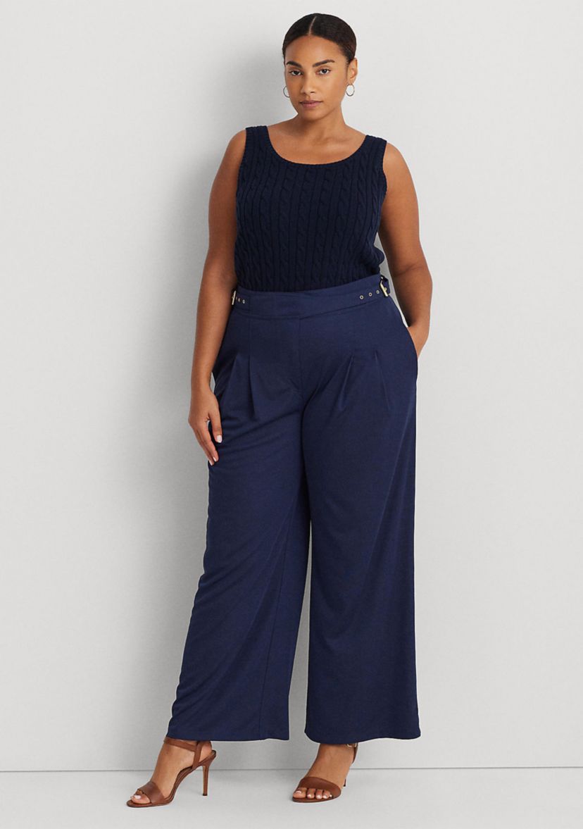 Plus Size Pleated Stretch Jersey Wide Leg Pants