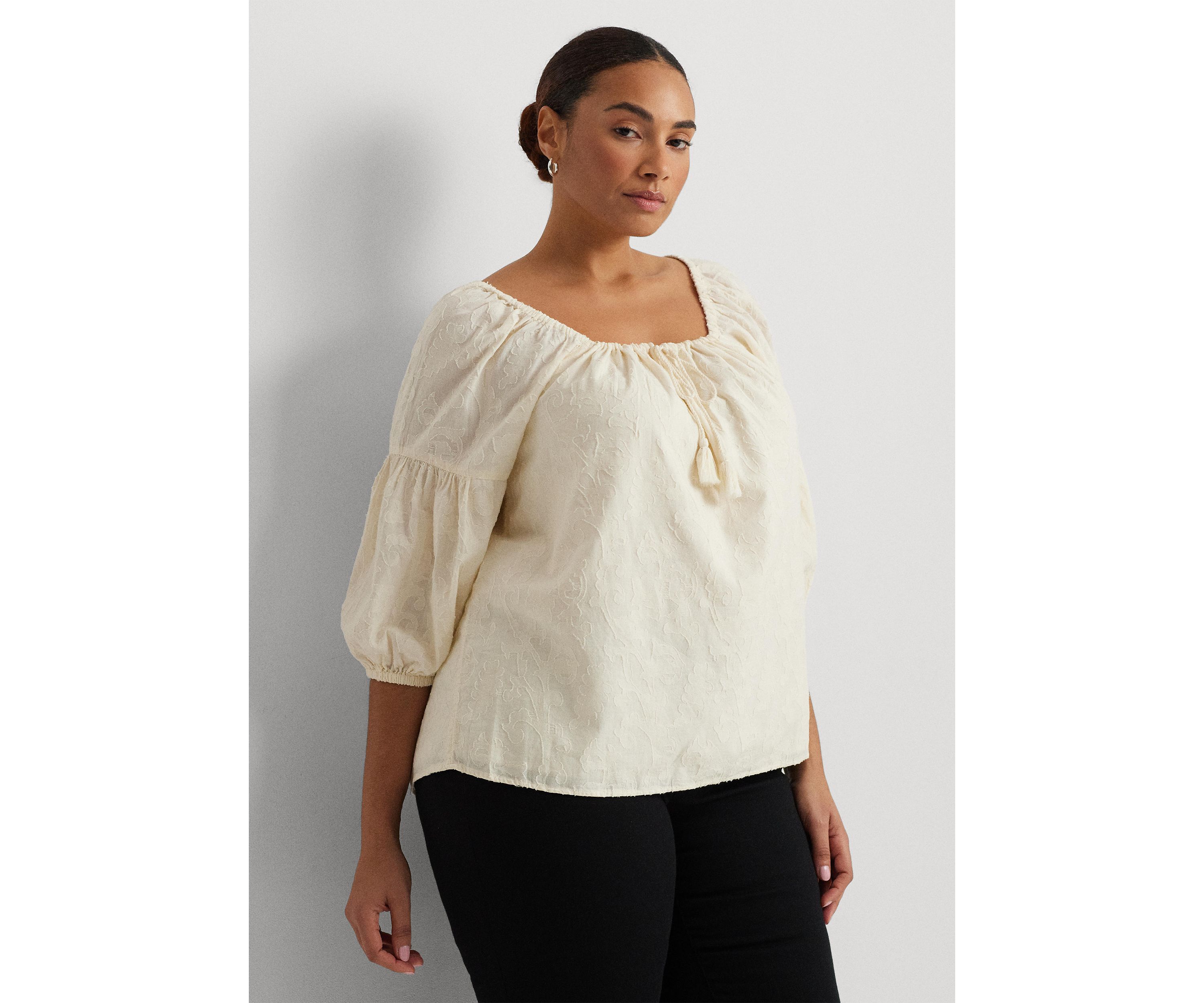 Plus Size Paisley Cotton Jacquard Blouse