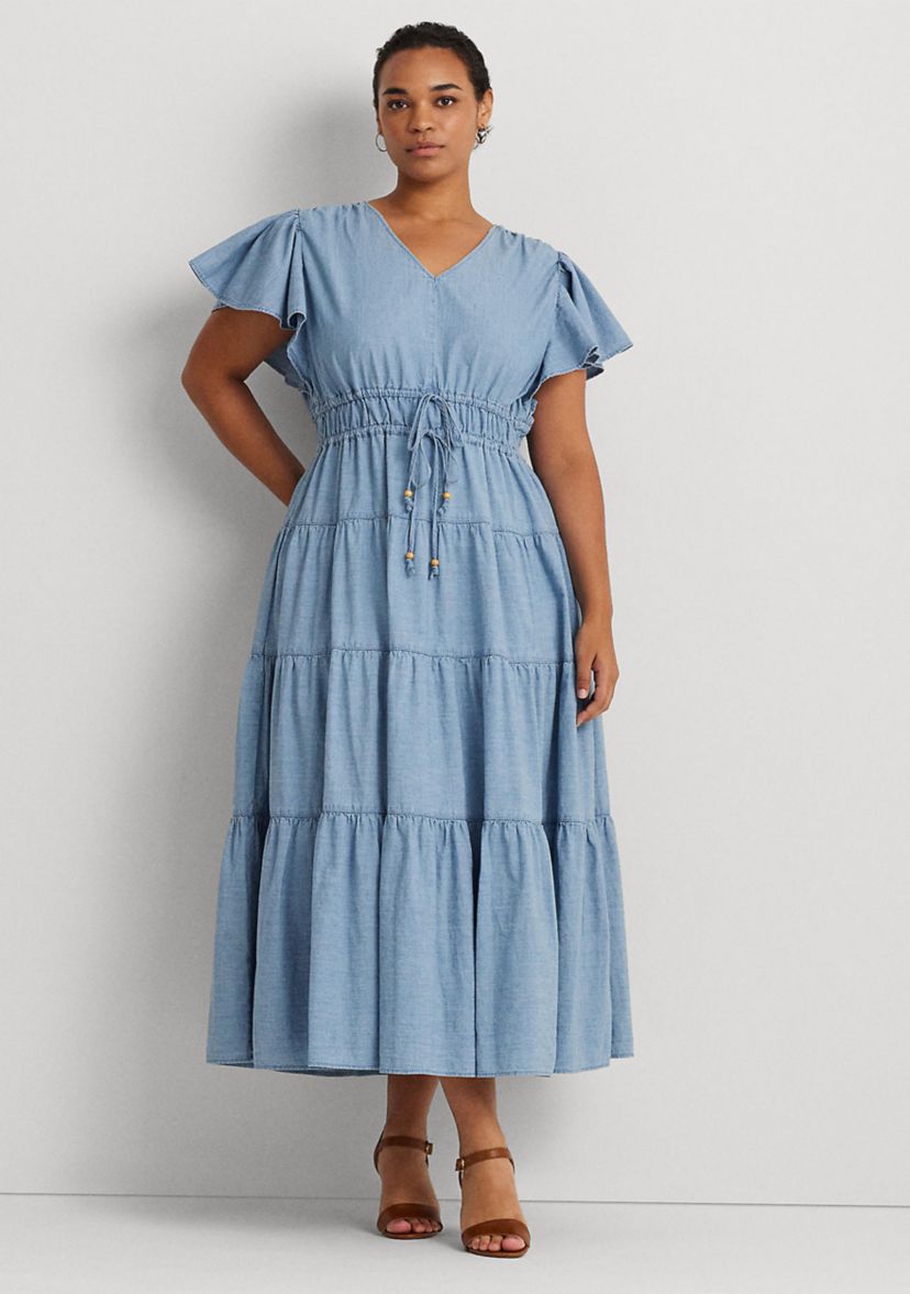 Plus Size Chambray Tiered Maxi Dress