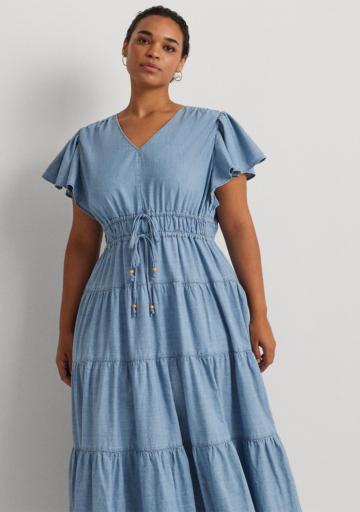 Plus Size Chambray Tiered Maxi Dress