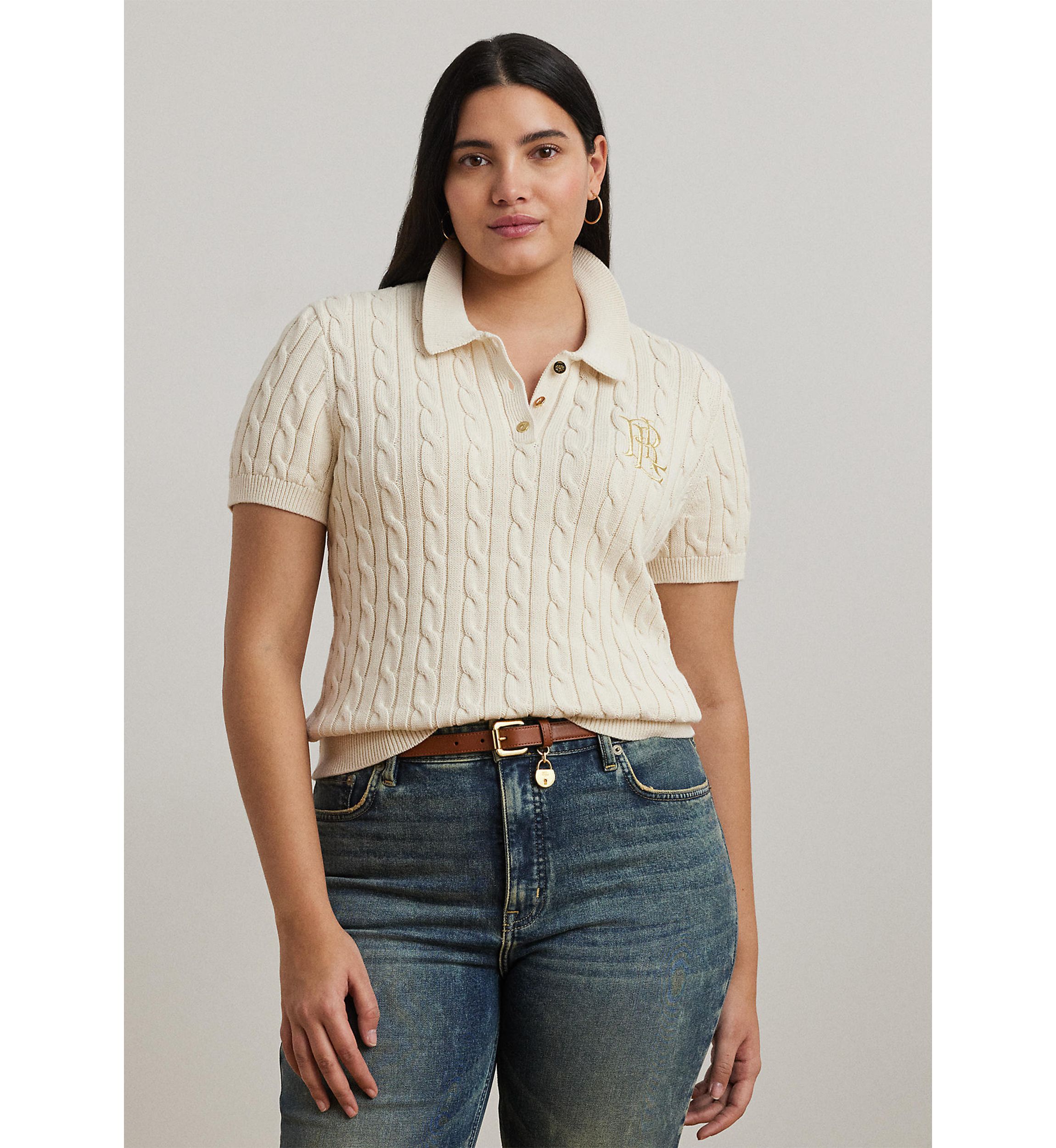Lauren Ralph Lauren Plus Size Cable Knit Cotton Polo Sweater | Belk