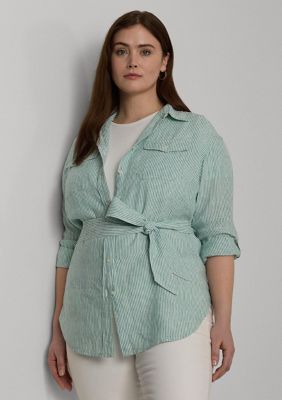 Lauren Ralph Lauren Plus Size Relaxed Fit Striped Belted Linen Shirt, White, 1X -  0197574020791