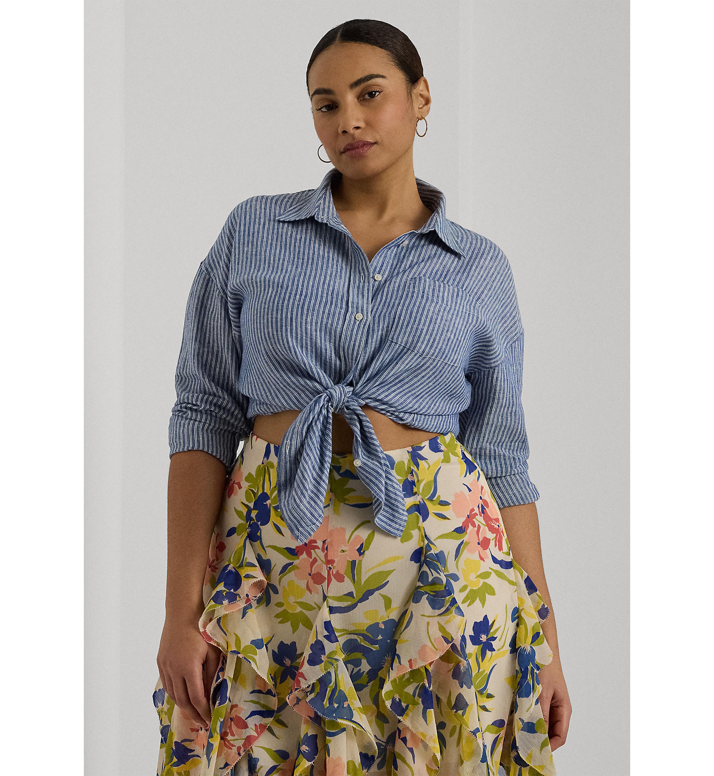 Plus Size Relaxed Fit Pinstripe Linen Shirt
