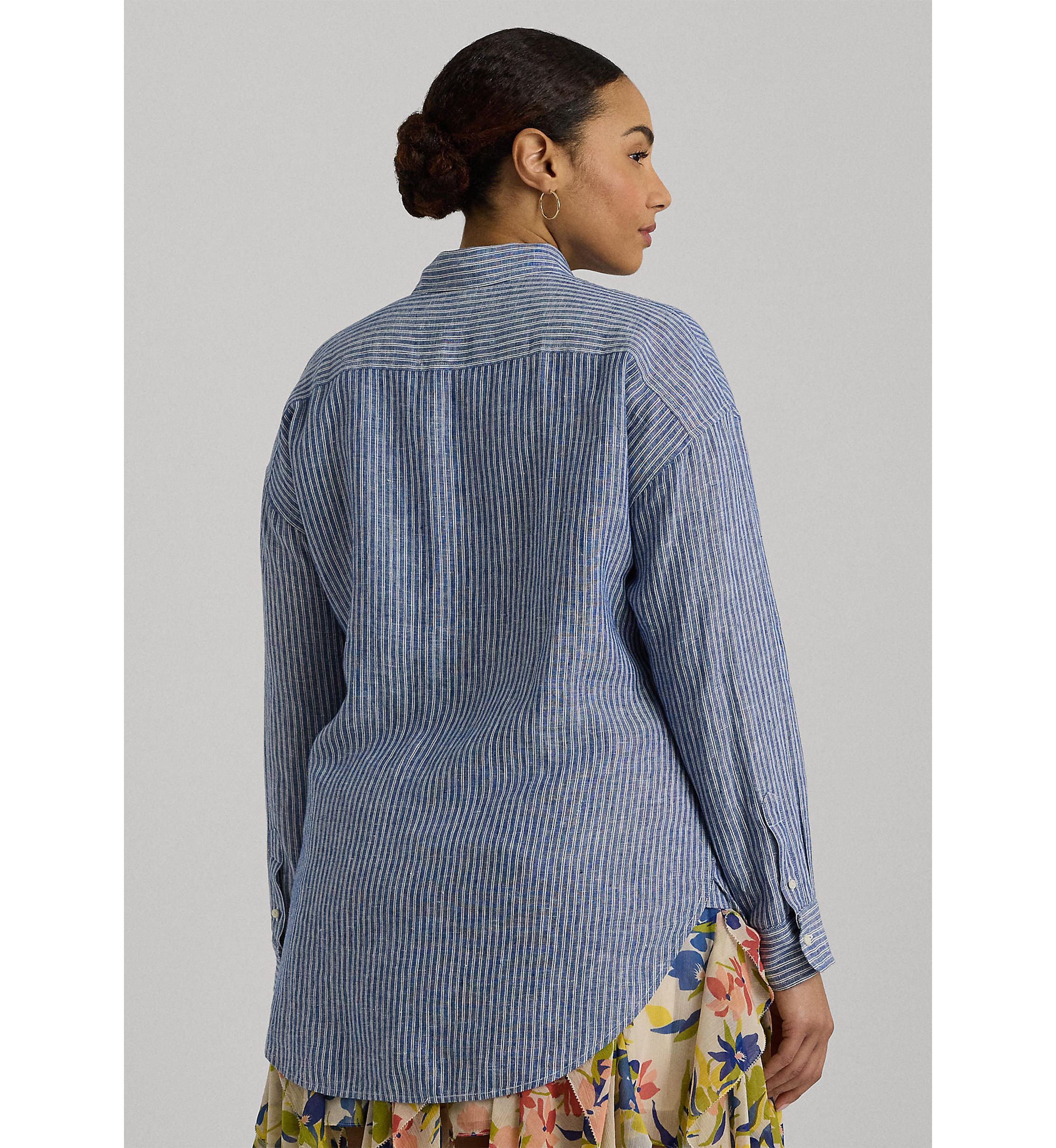Plus Size Relaxed Fit Pinstripe Linen Shirt