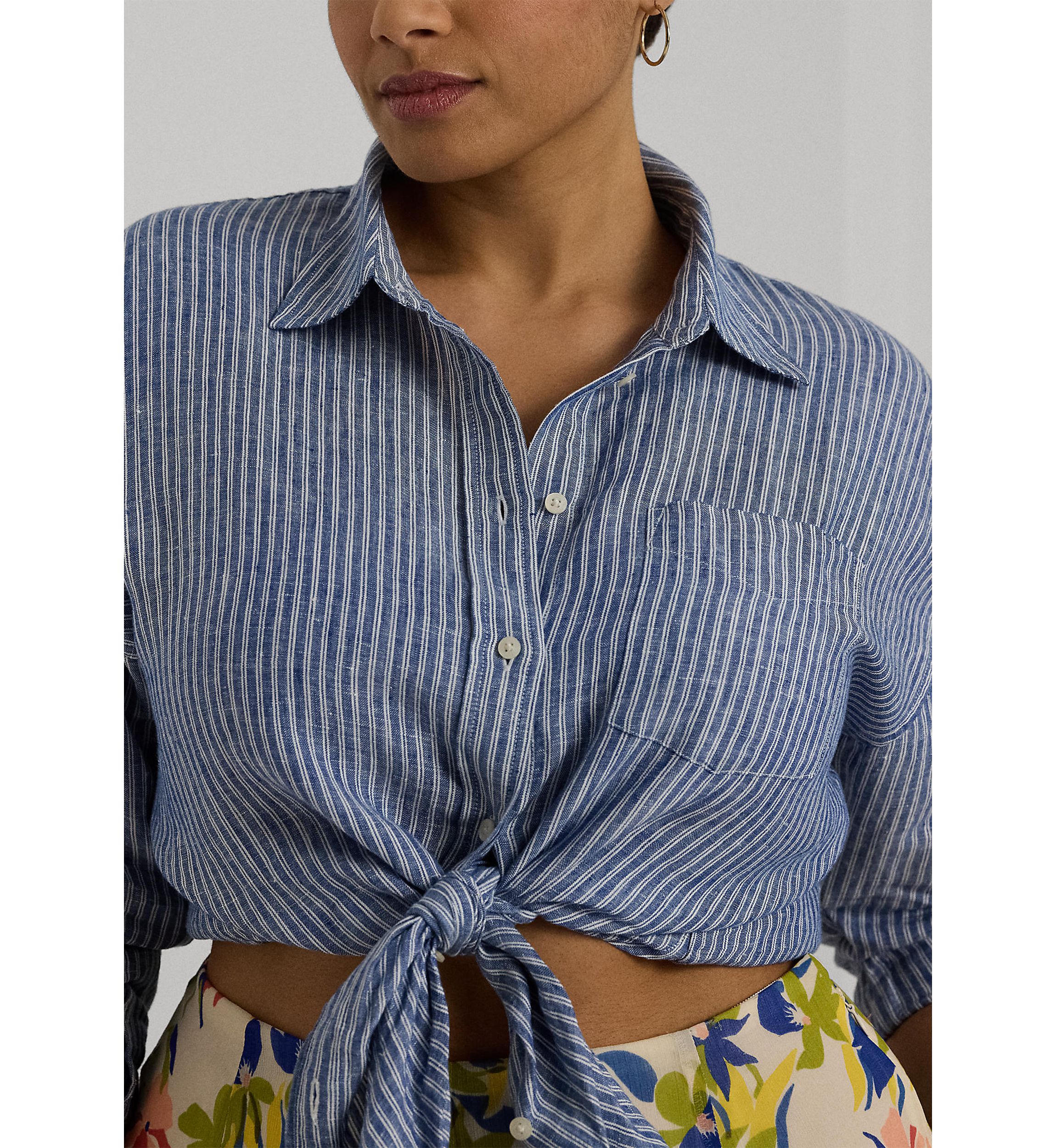 Plus Size Relaxed Fit Pinstripe Linen Shirt