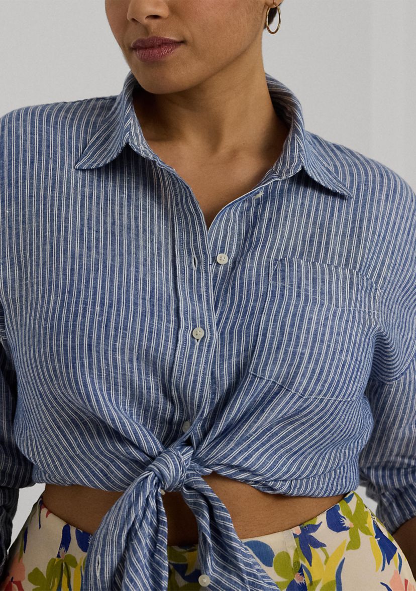 Plus Size Relaxed Fit Pinstripe Linen Shirt