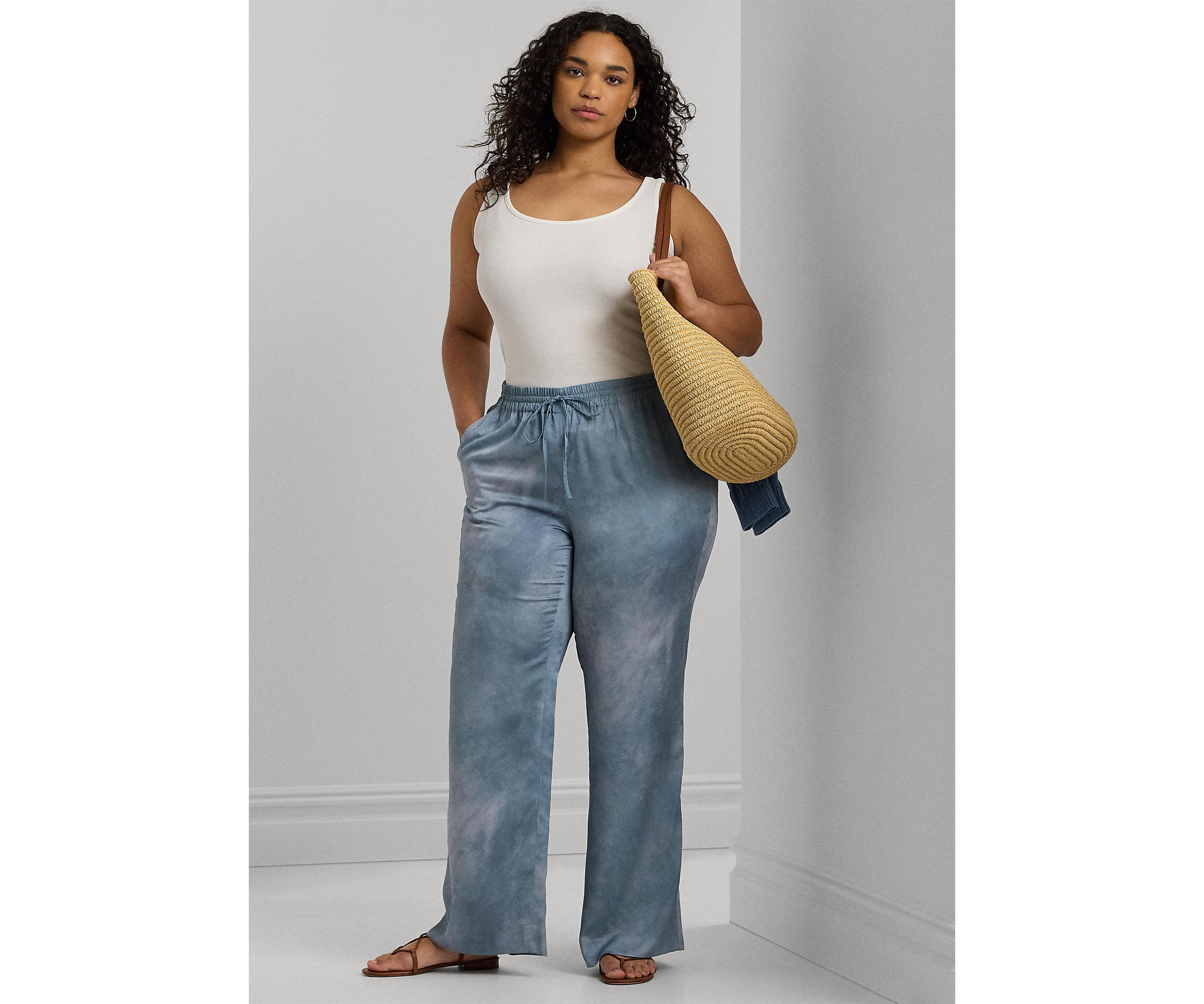 Plus Size Print Charmeuse Wide Leg Pants