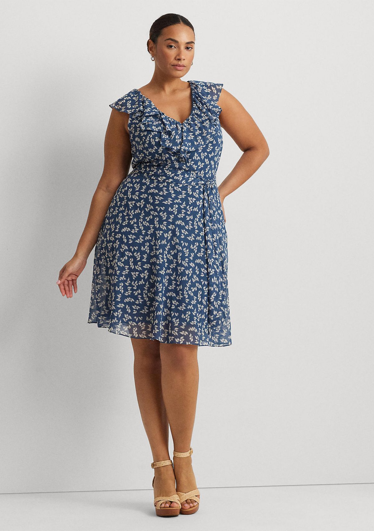 Plus Size Floral Ruffle Trim Georgette Dress