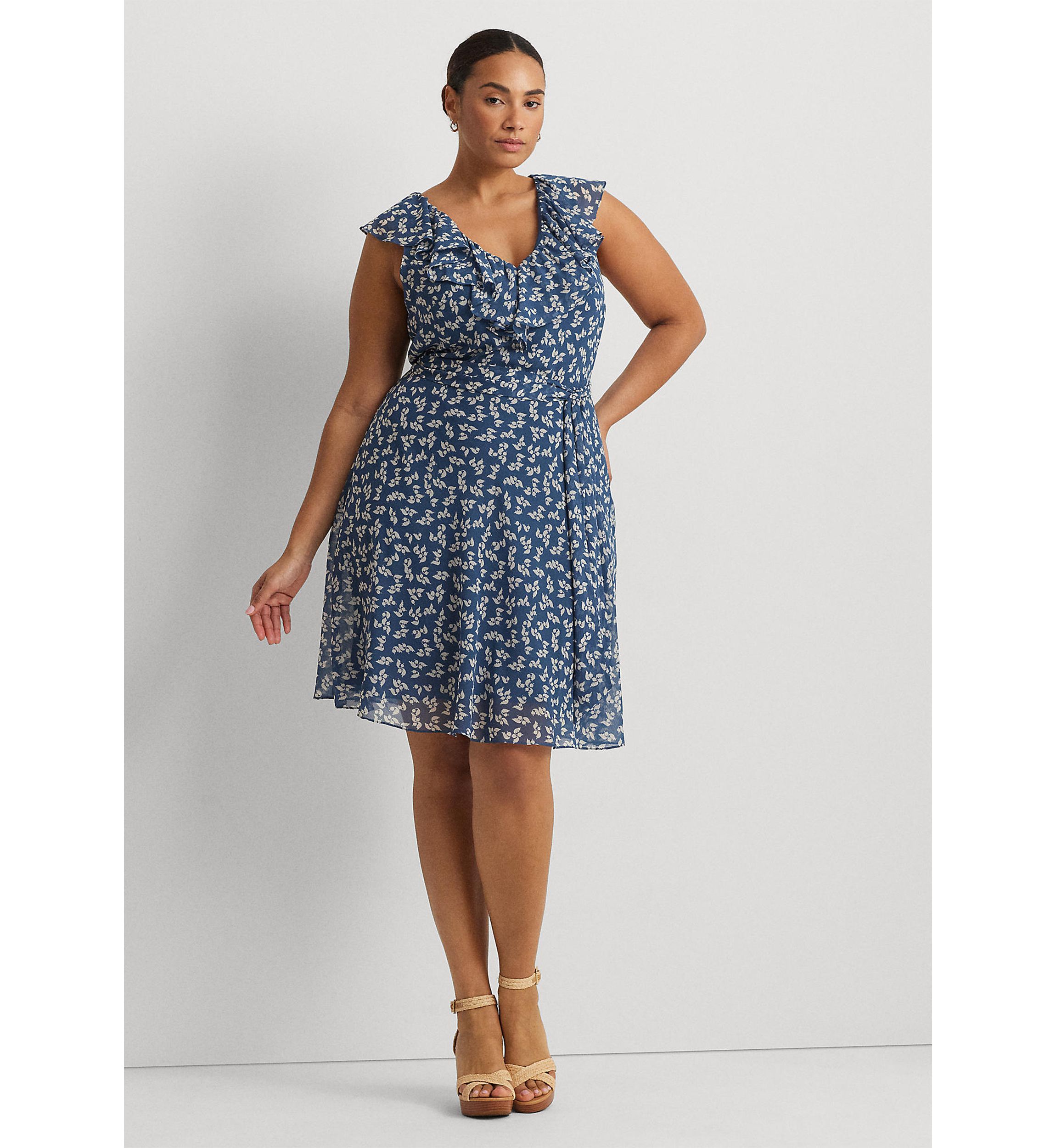 Plus Size Floral Ruffle Trim Georgette Dress