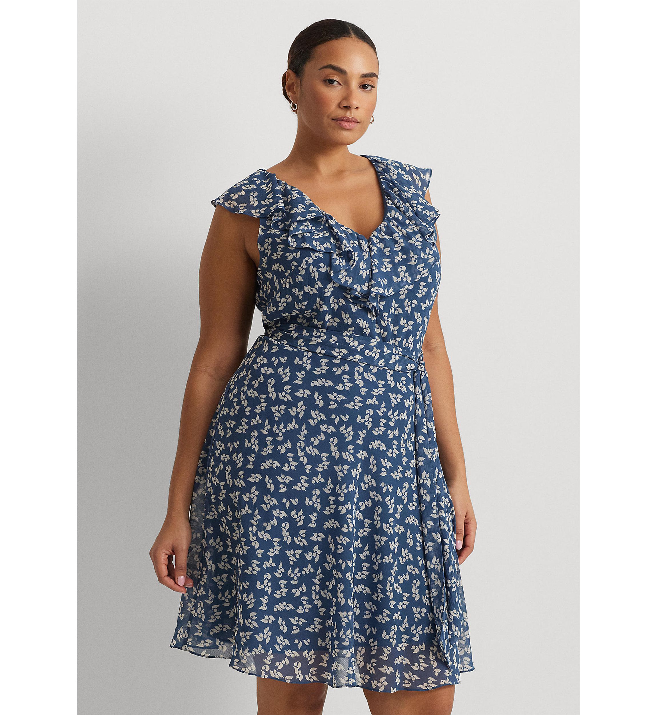 Plus Size Floral Ruffle Trim Georgette Dress