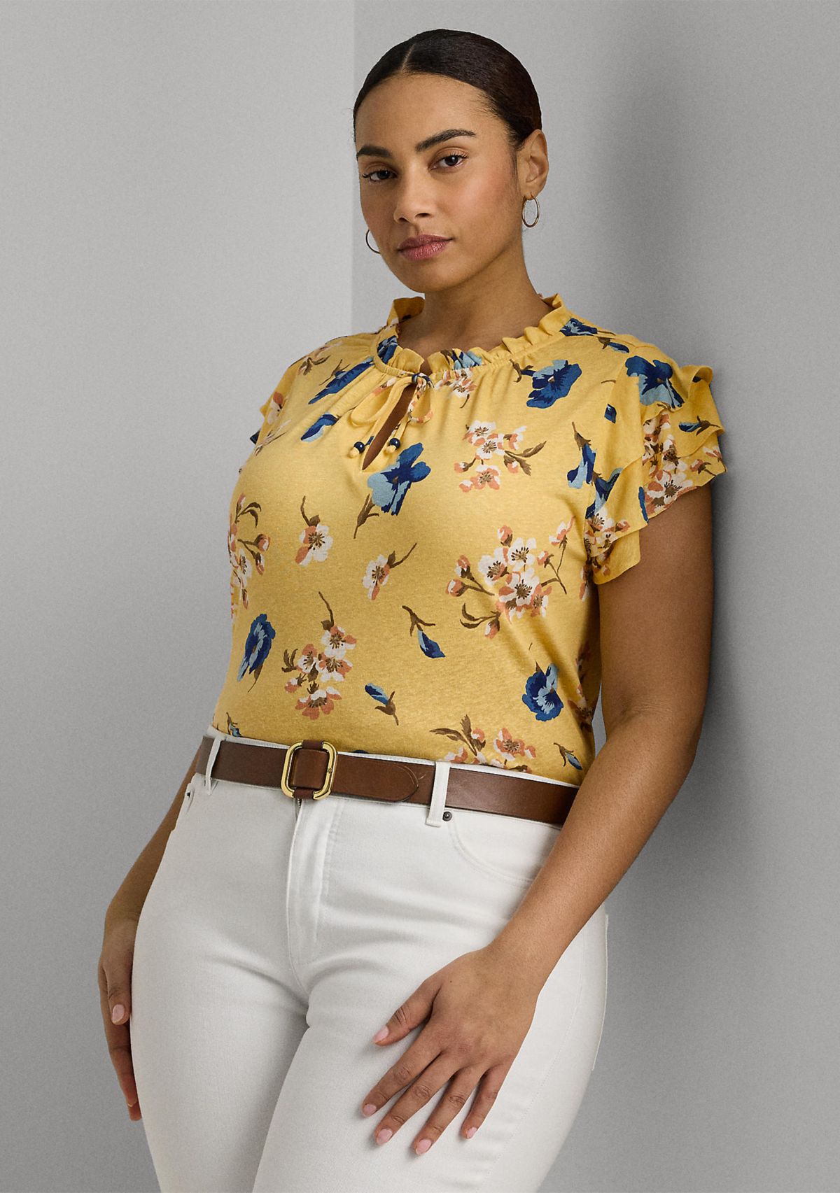 Plus Size Floral Linen Blend Jersey Tie Neck Top