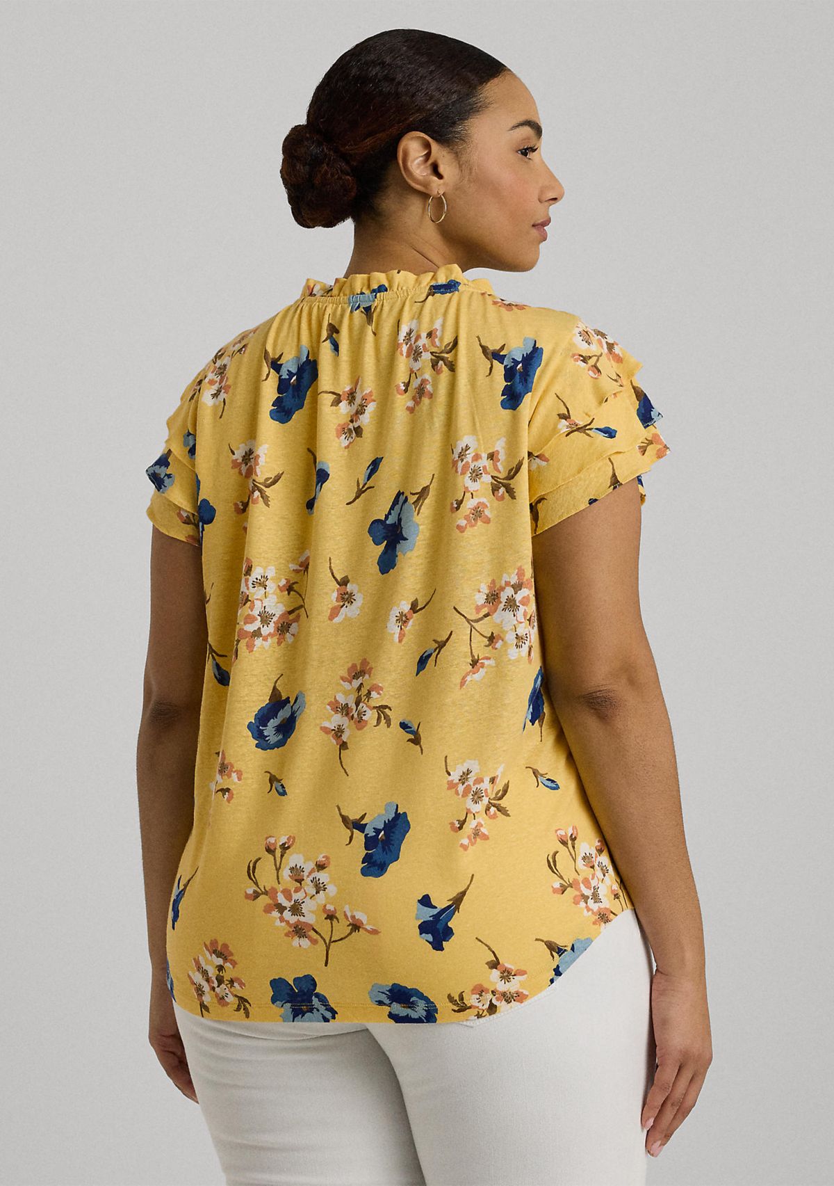 Plus Size Floral Linen Blend Jersey Tie Neck Top