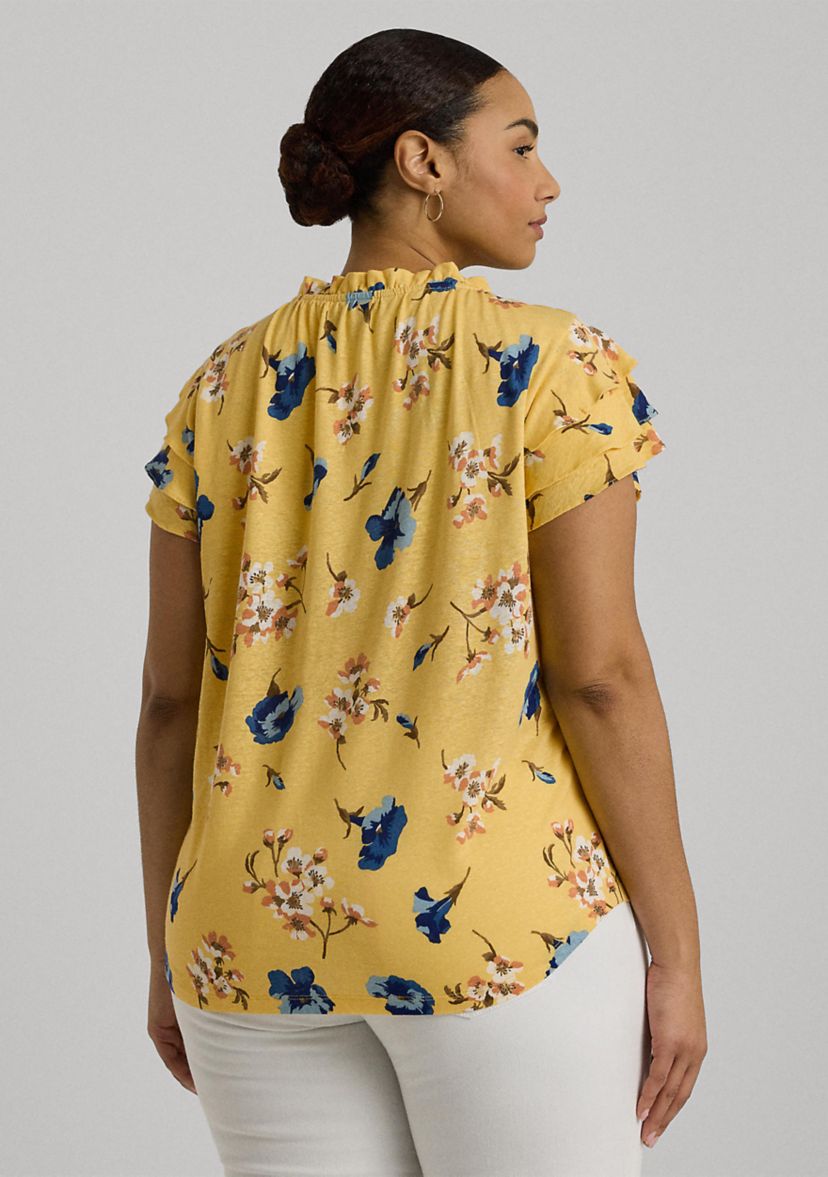 Plus Size Floral Linen Blend Jersey Tie Neck Top