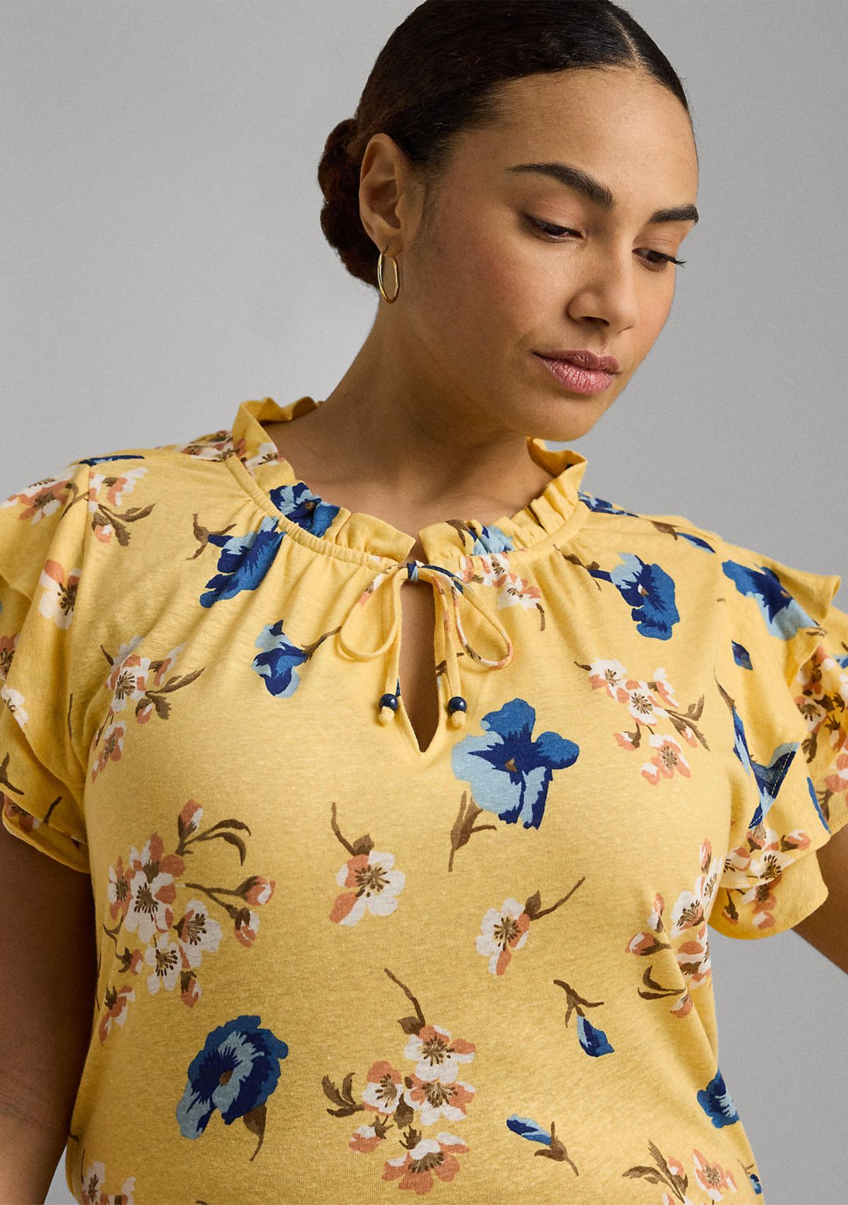 Plus Size Floral Linen Blend Jersey Tie Neck Top