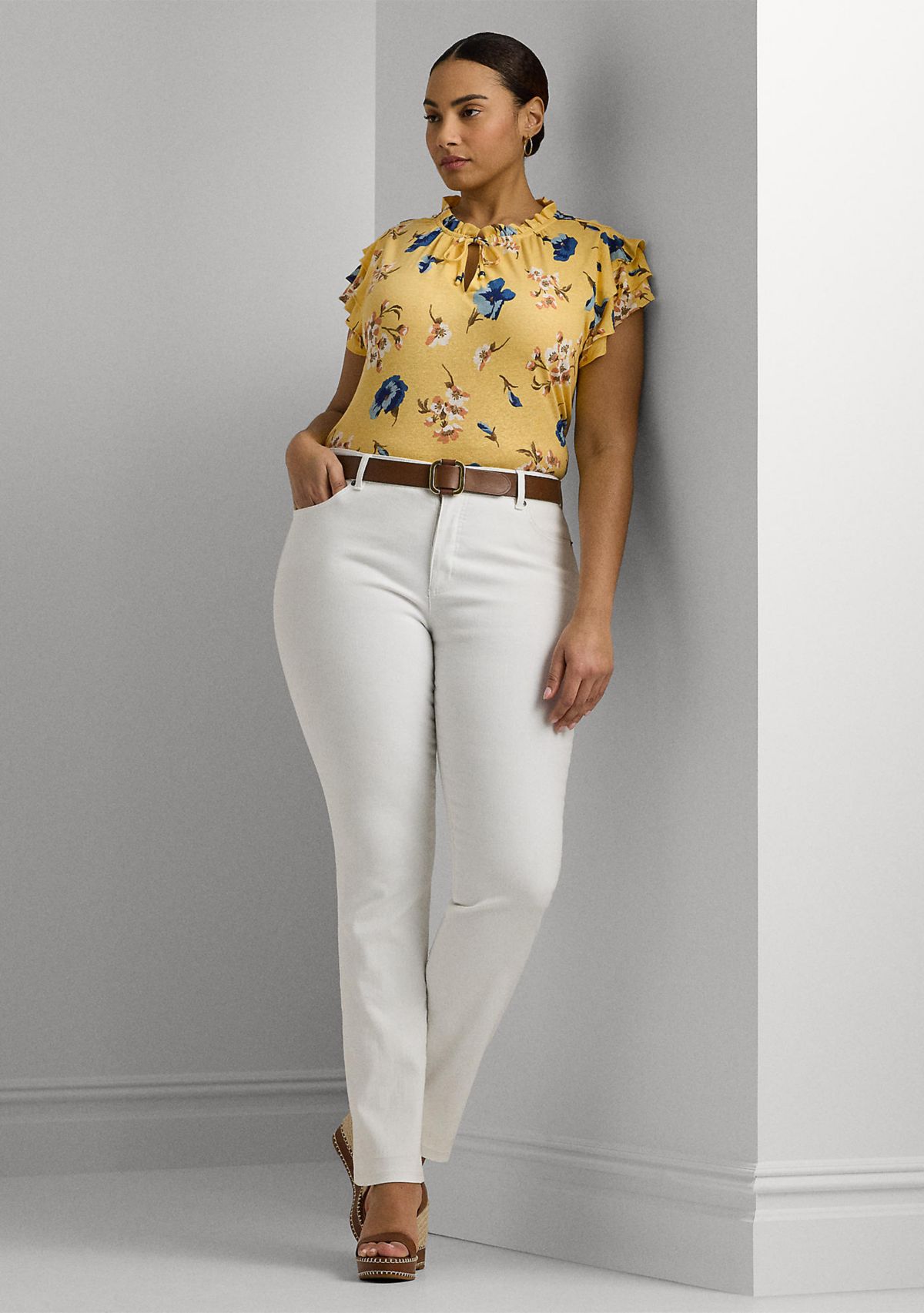 Plus Size Floral Linen Blend Jersey Tie Neck Top