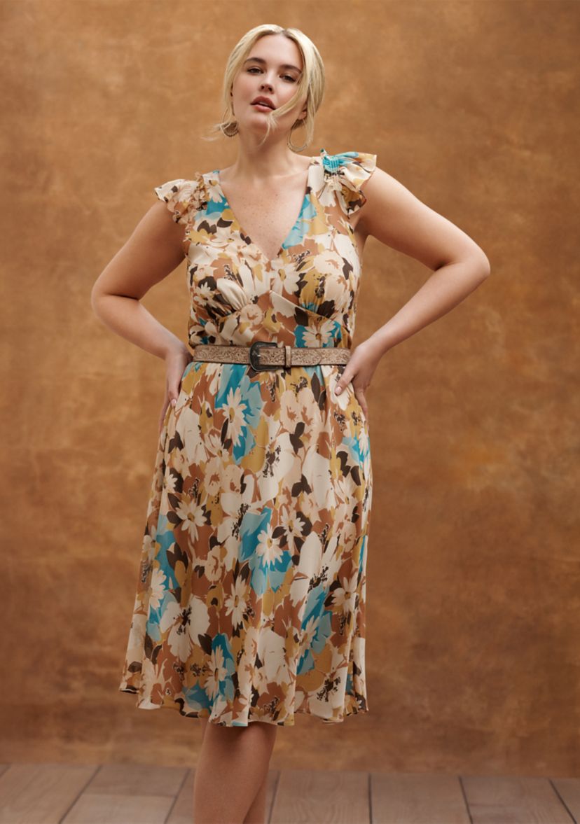 Plus Size Floral Belted Crinkle Georgette Dress