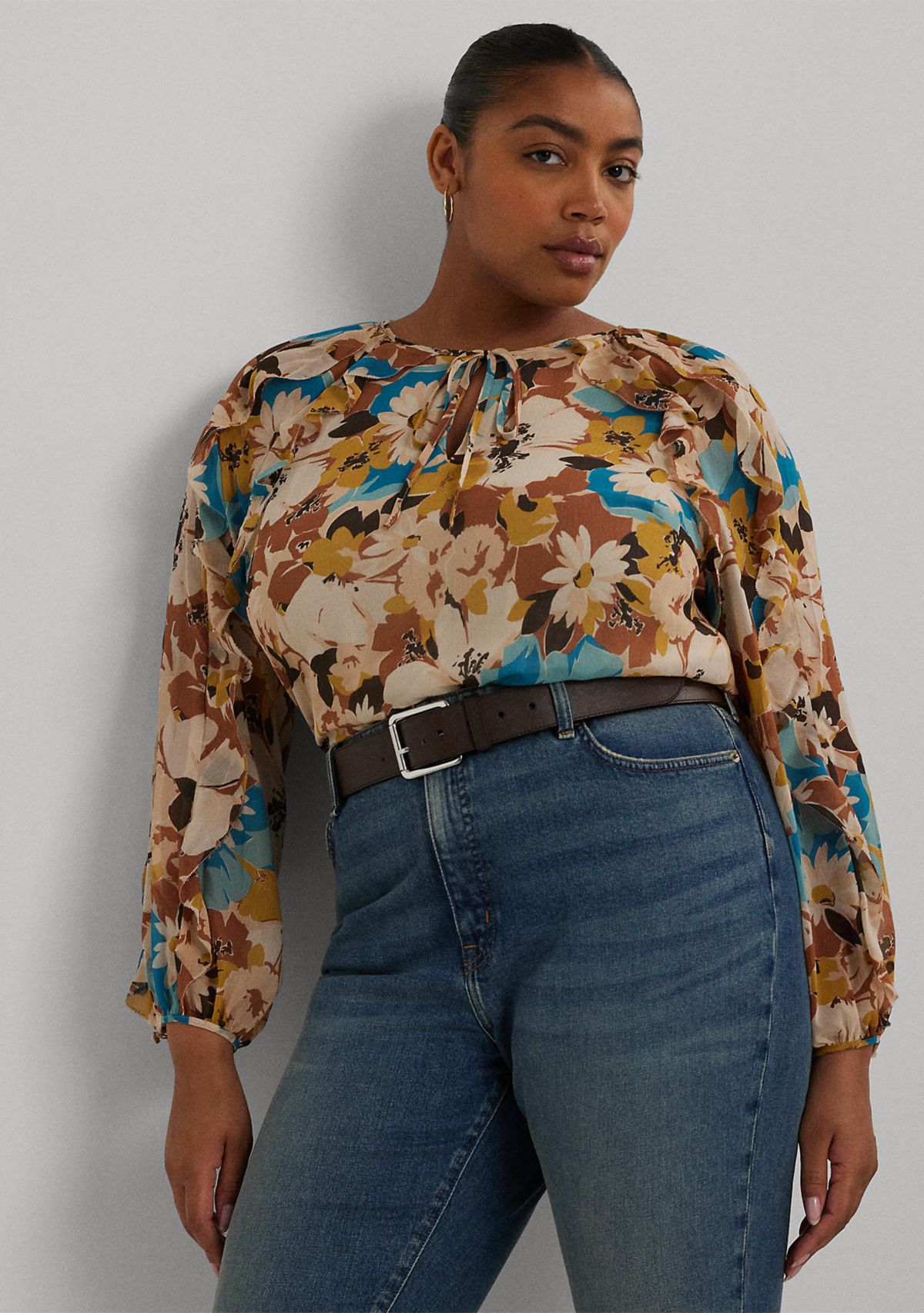 Plus Size Floral Crinkle Georgette Tie Neck Blouse