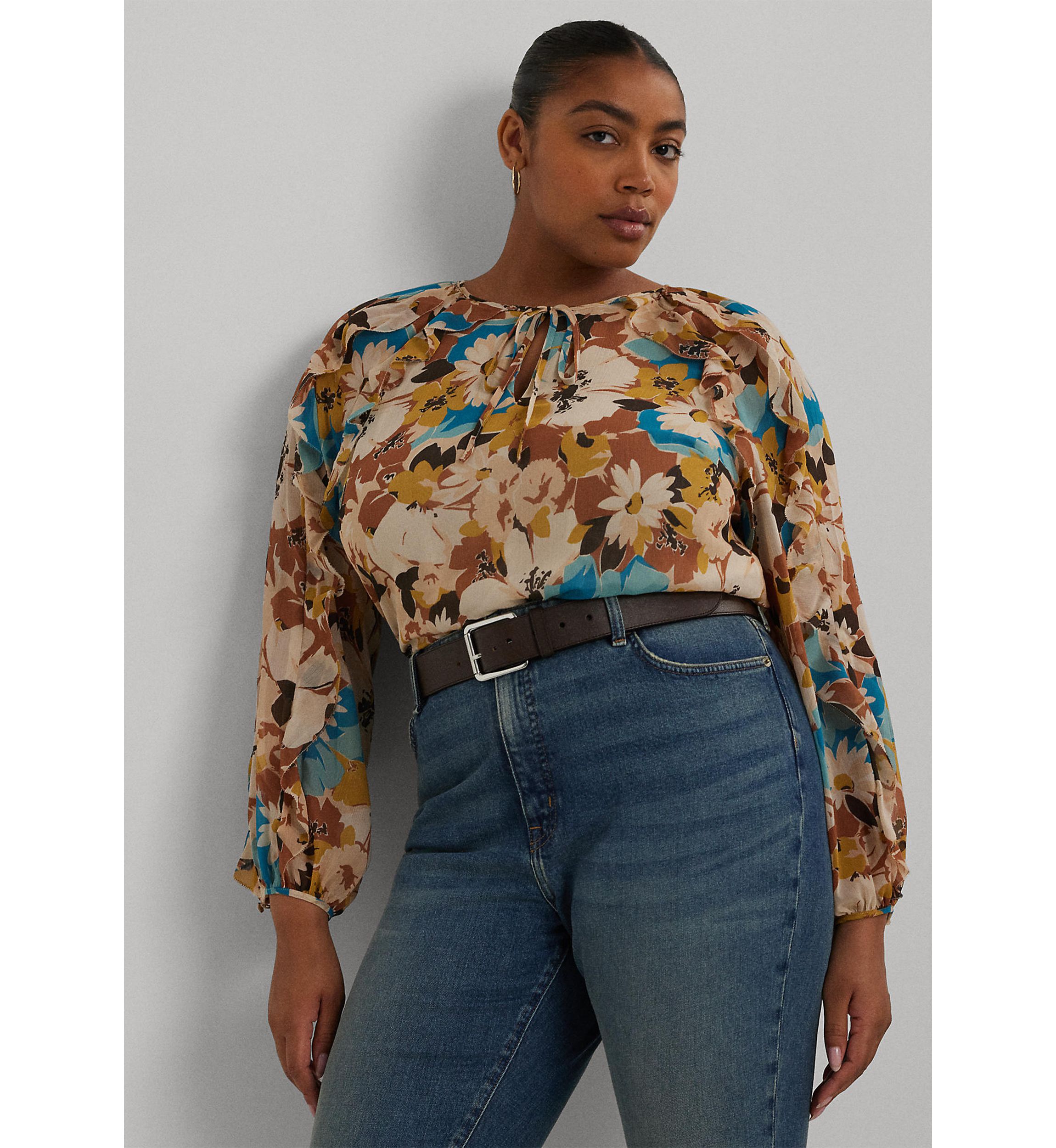 Plus Size Floral Crinkle Georgette Tie Neck Blouse