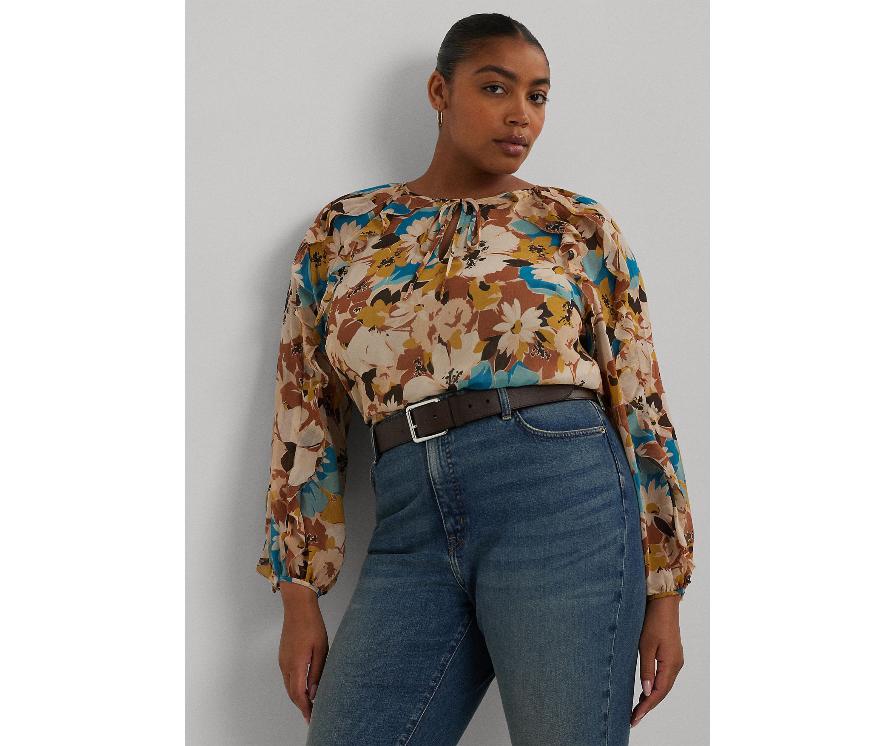 Plus Size Floral Crinkle Georgette Tie Neck Blouse
