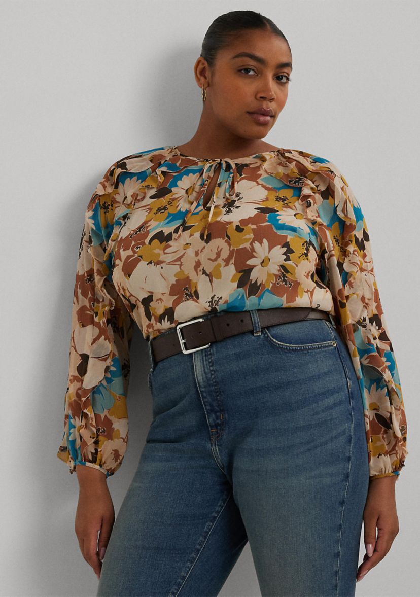 Plus Size Floral Crinkle Georgette Tie Neck Blouse