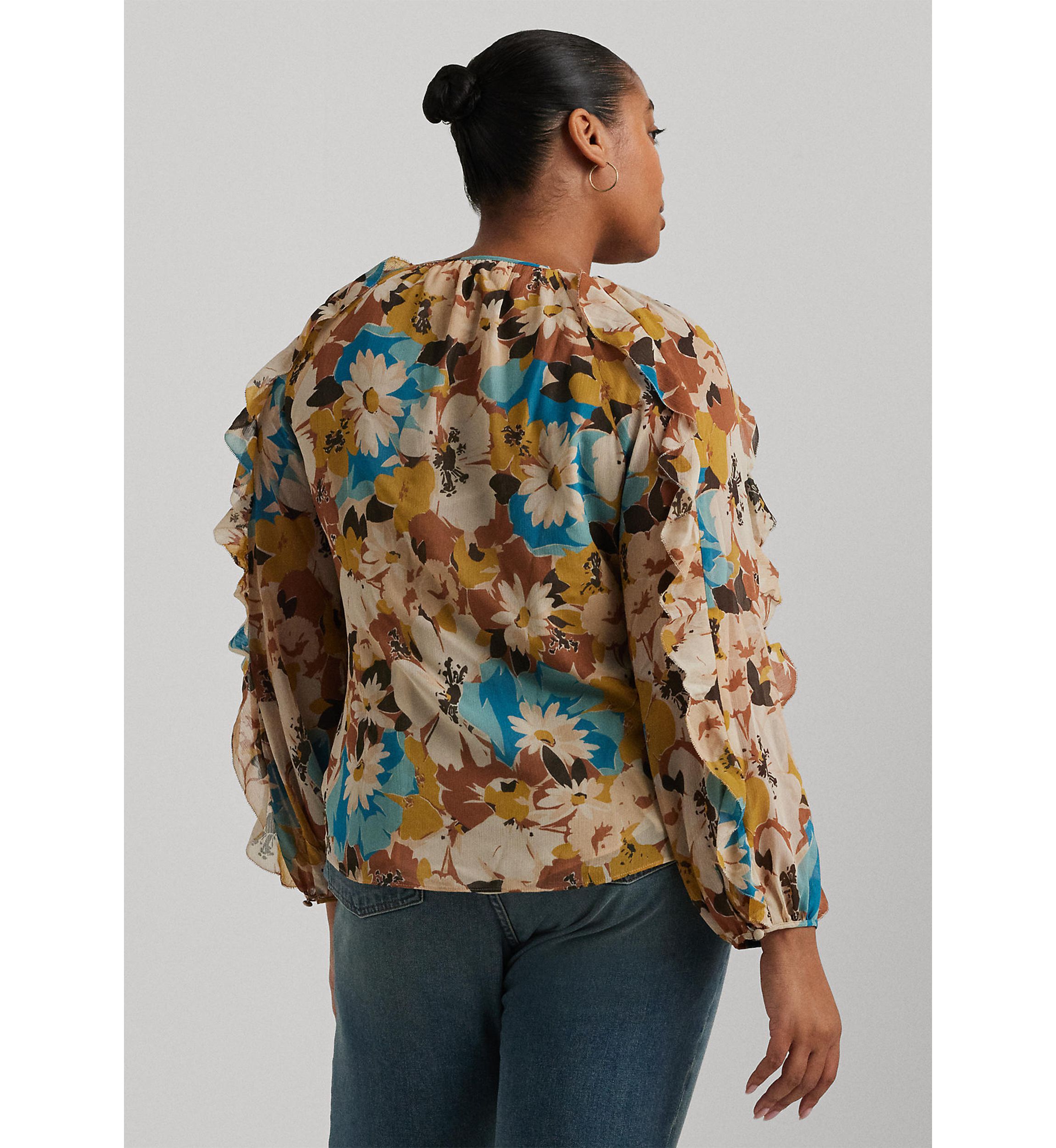 Plus Size Floral Crinkle Georgette Tie Neck Blouse