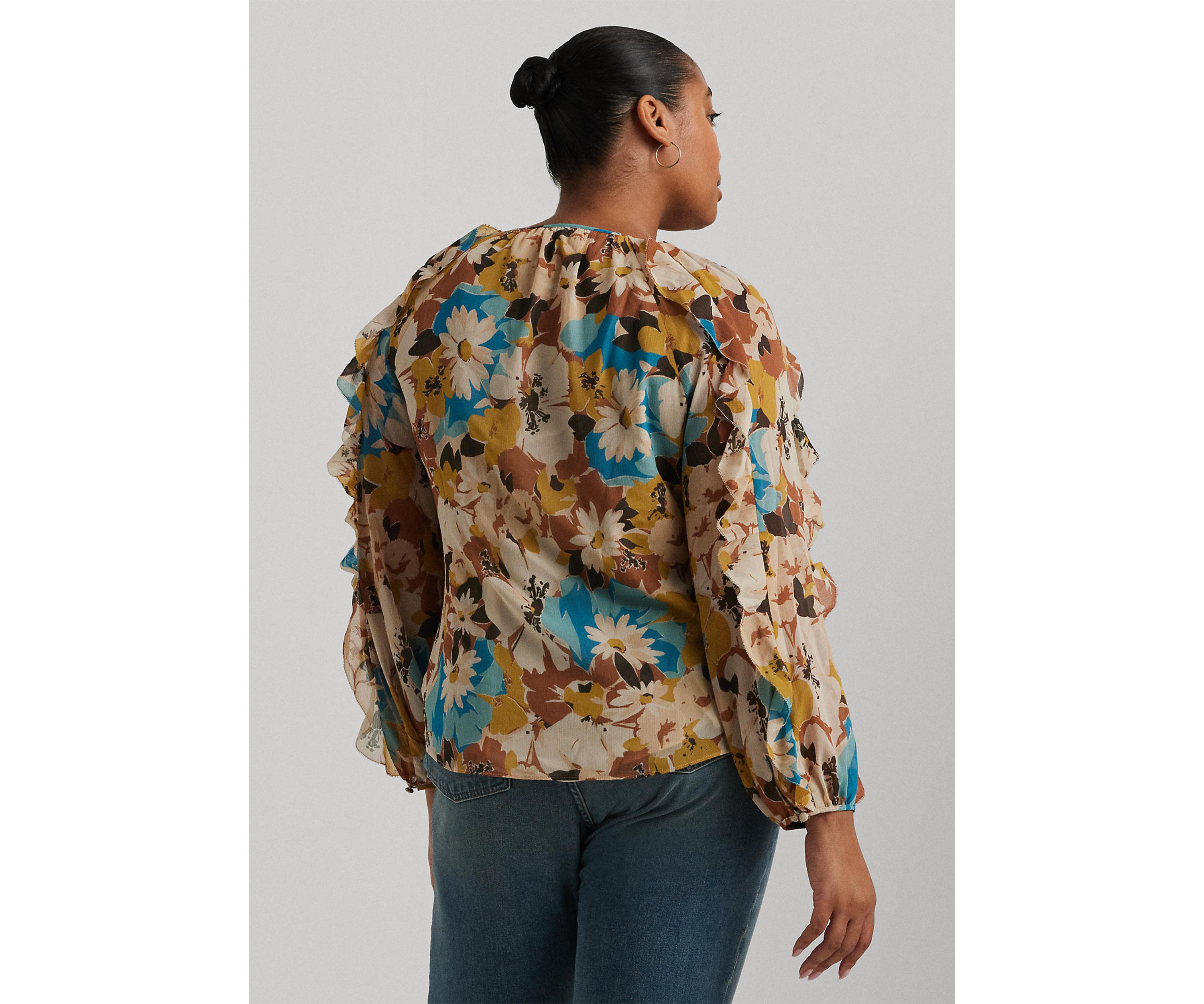 Plus Size Floral Crinkle Georgette Tie Neck Blouse