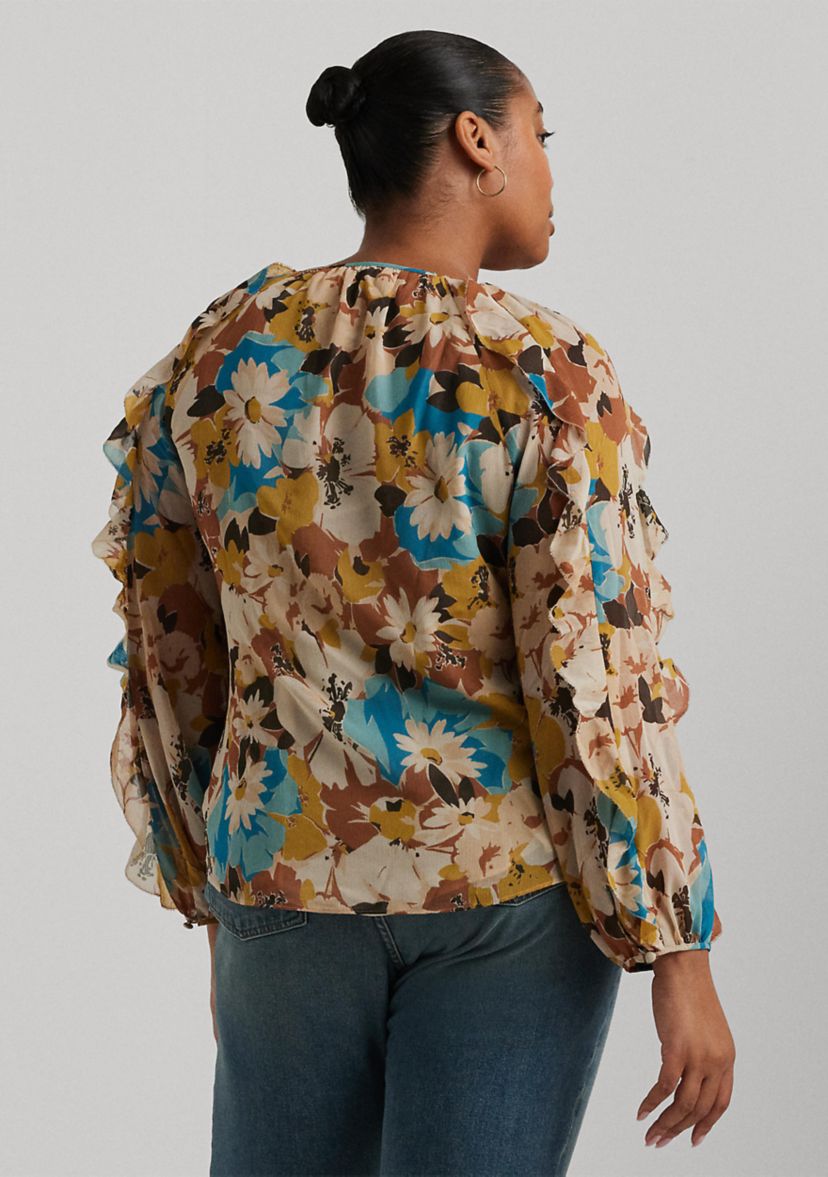 Plus Size Floral Crinkle Georgette Tie Neck Blouse