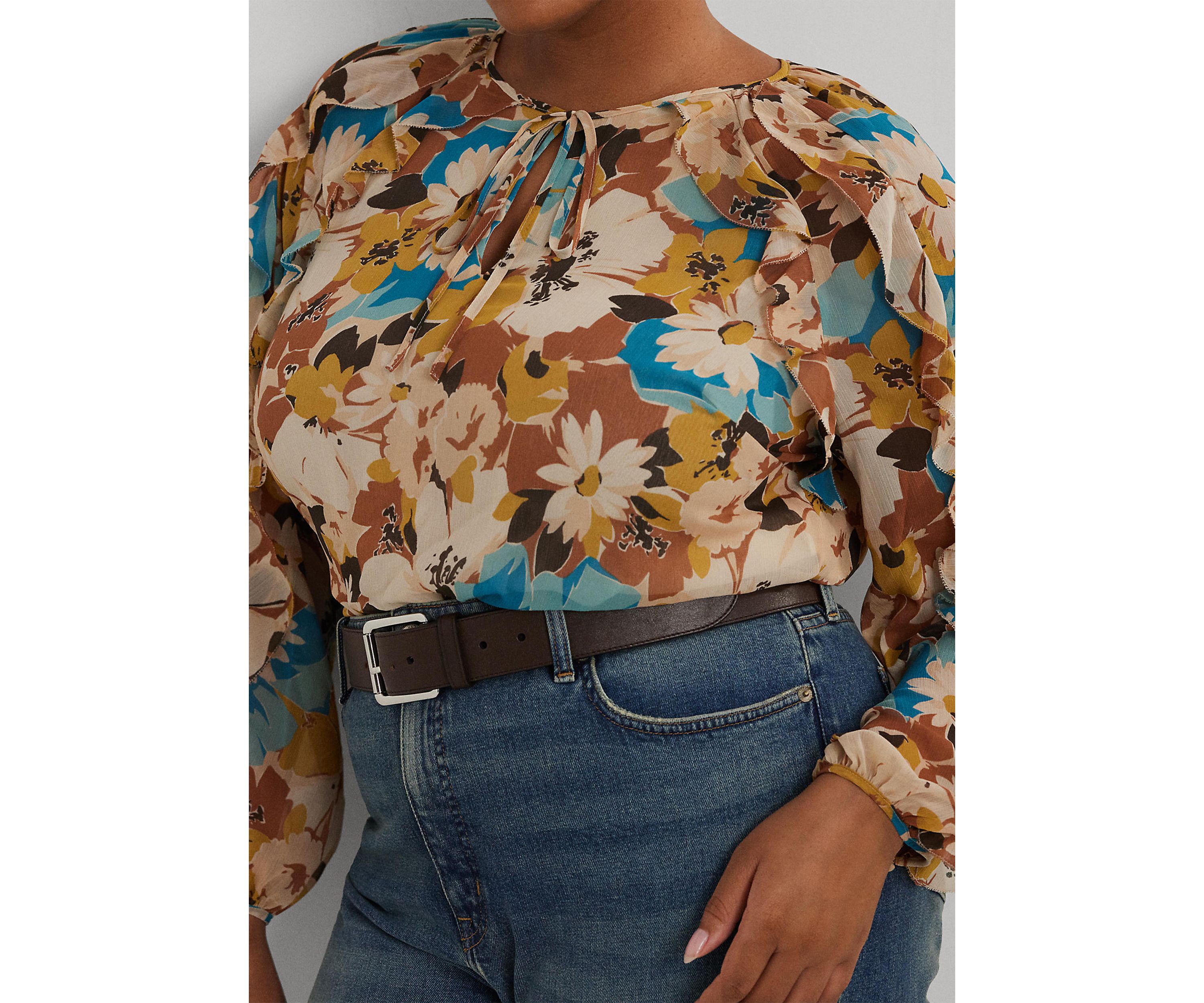 Plus Size Floral Crinkle Georgette Tie Neck Blouse