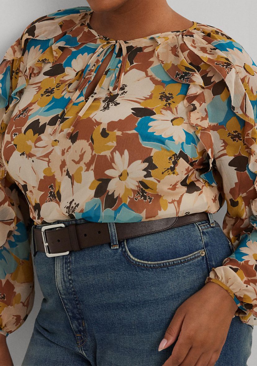 Plus Size Floral Crinkle Georgette Tie Neck Blouse