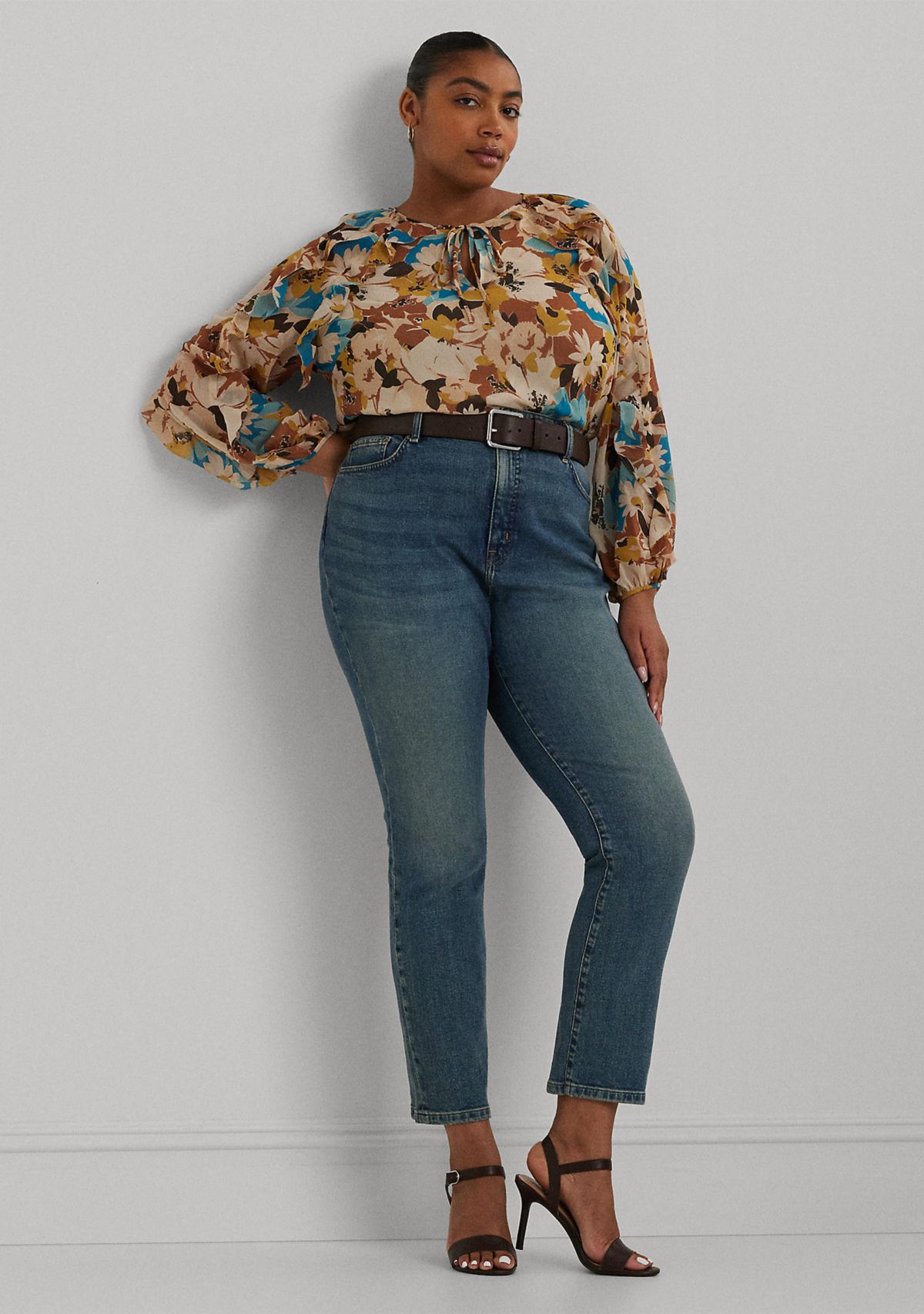 Plus Size Floral Crinkle Georgette Tie Neck Blouse