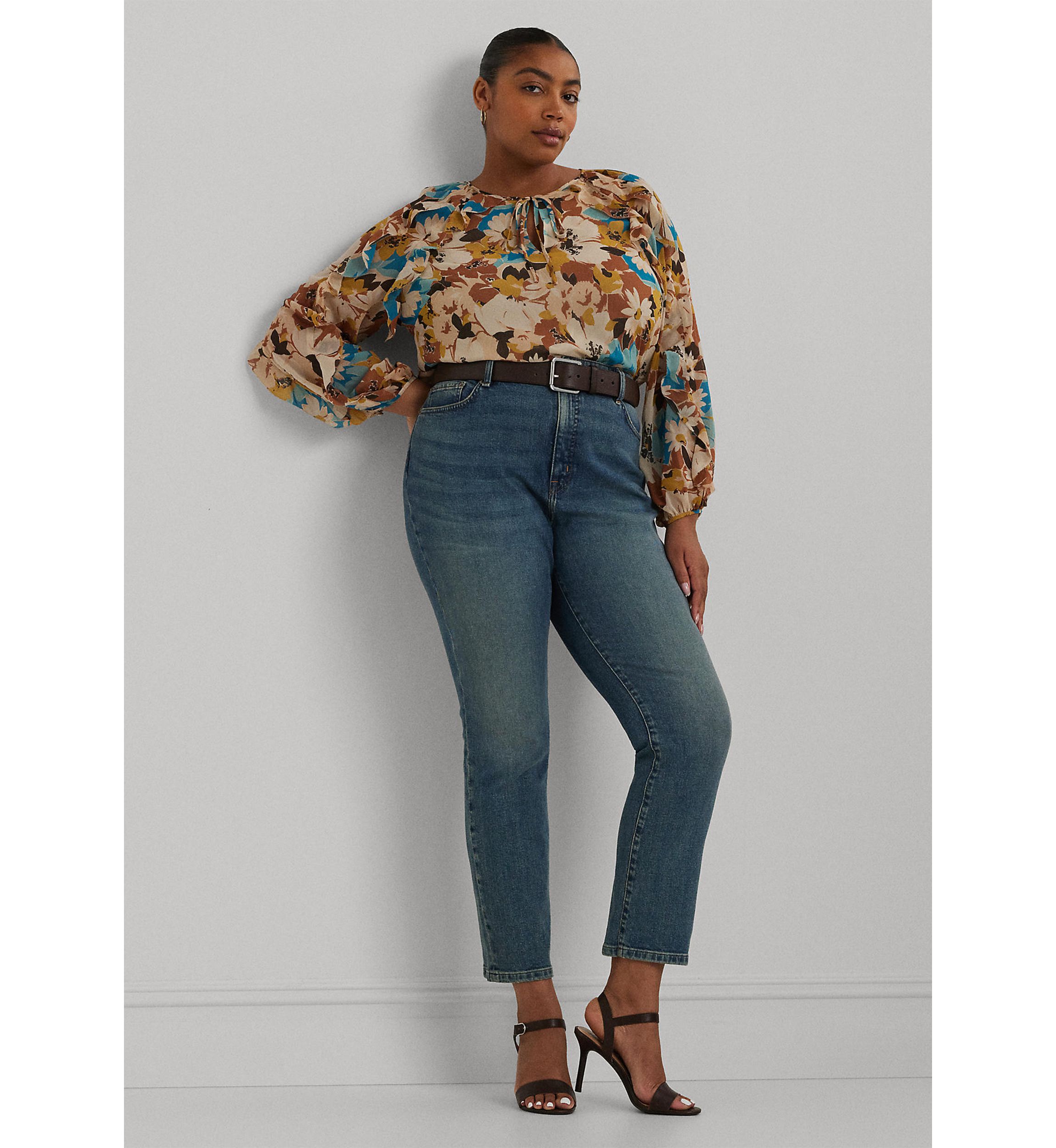 Plus Size Floral Crinkle Georgette Tie Neck Blouse