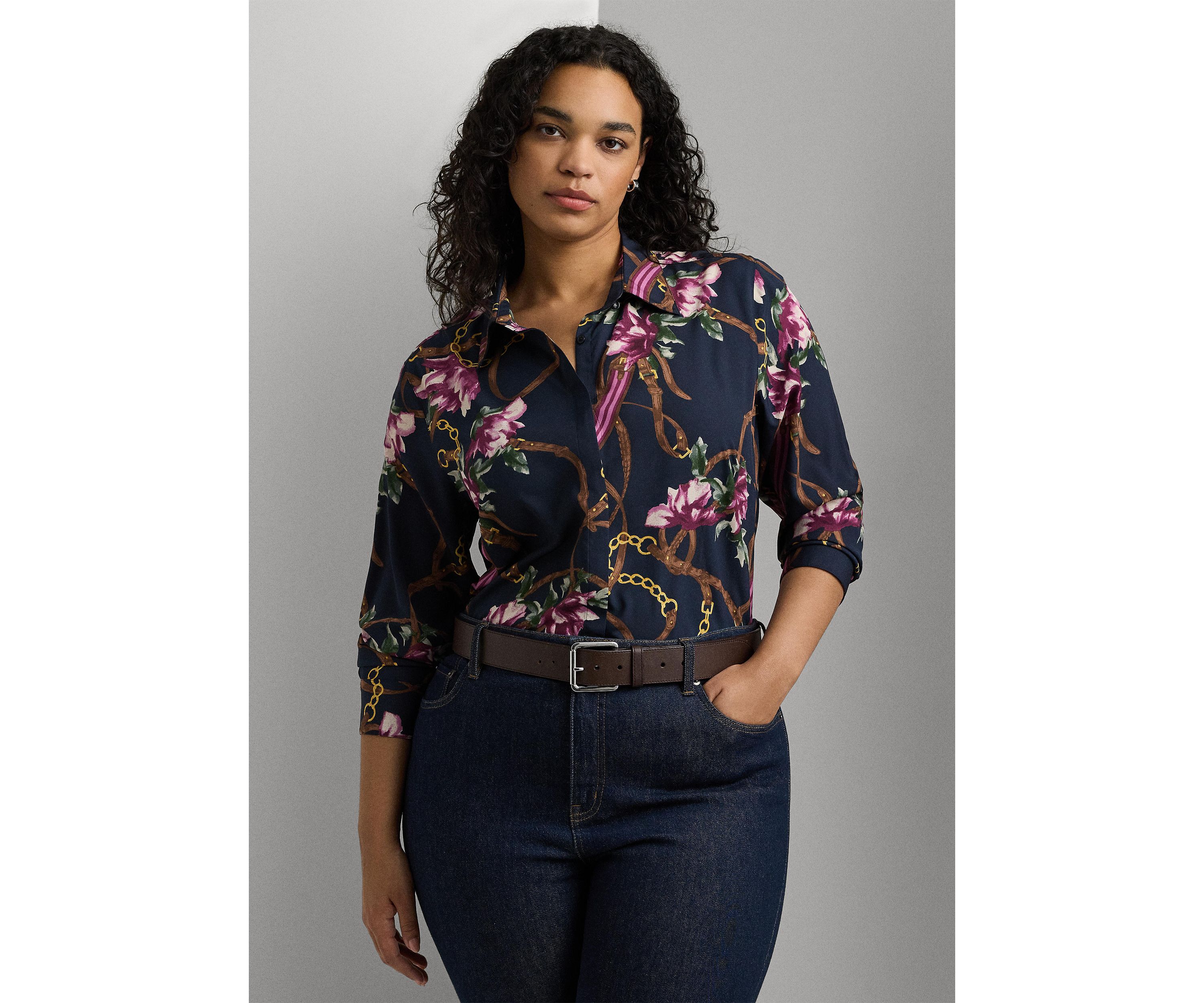 Plus-Size Classic Fit Print Crepe Shirt