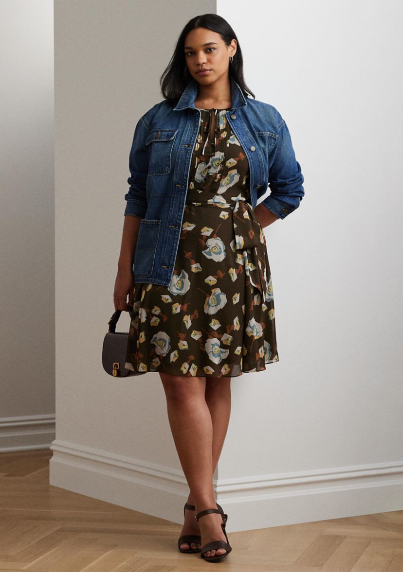 Plus Size Floral Georgette Flutter-Sleeve Dress