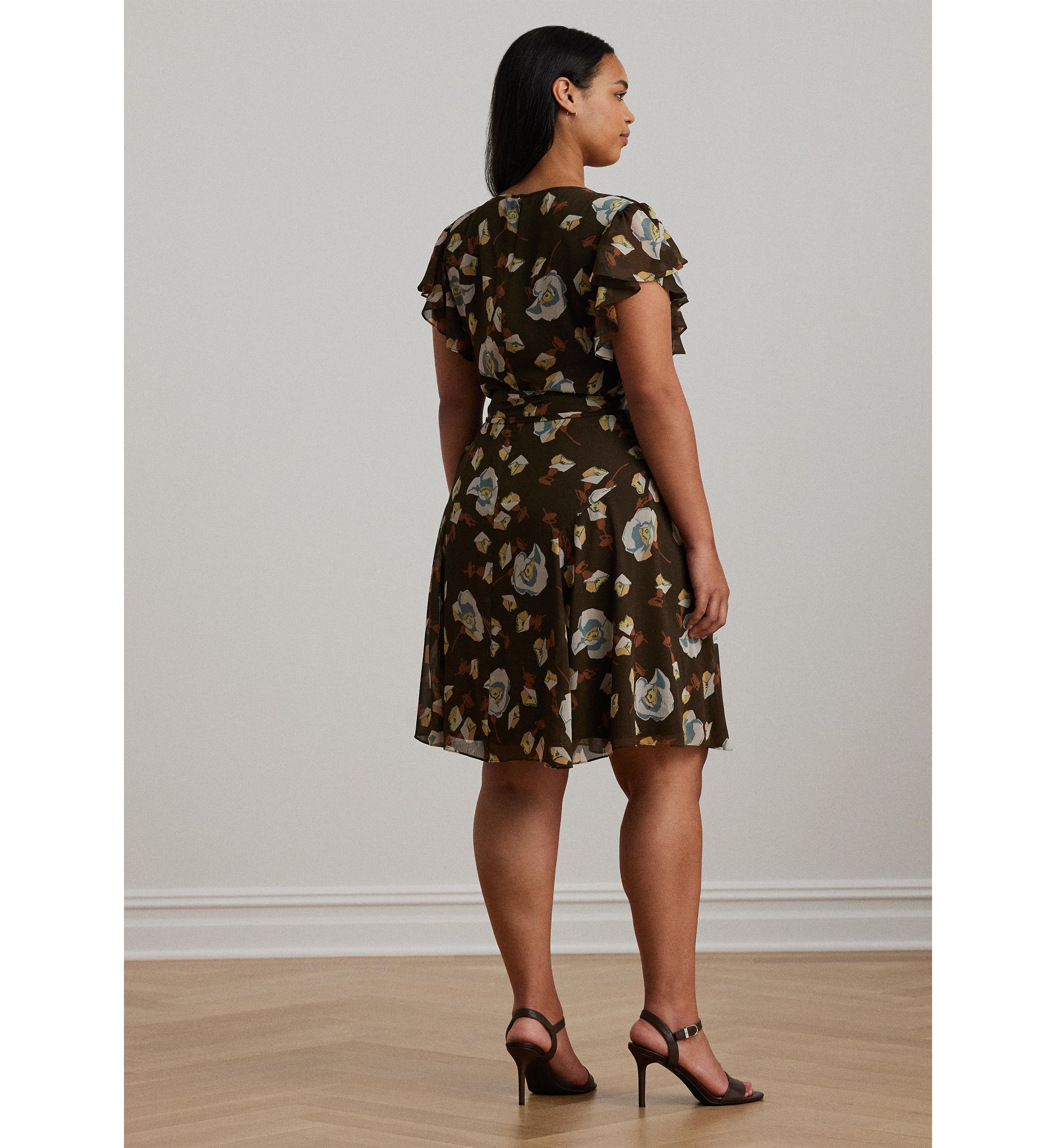 Plus Size Floral Georgette Flutter-Sleeve Dress