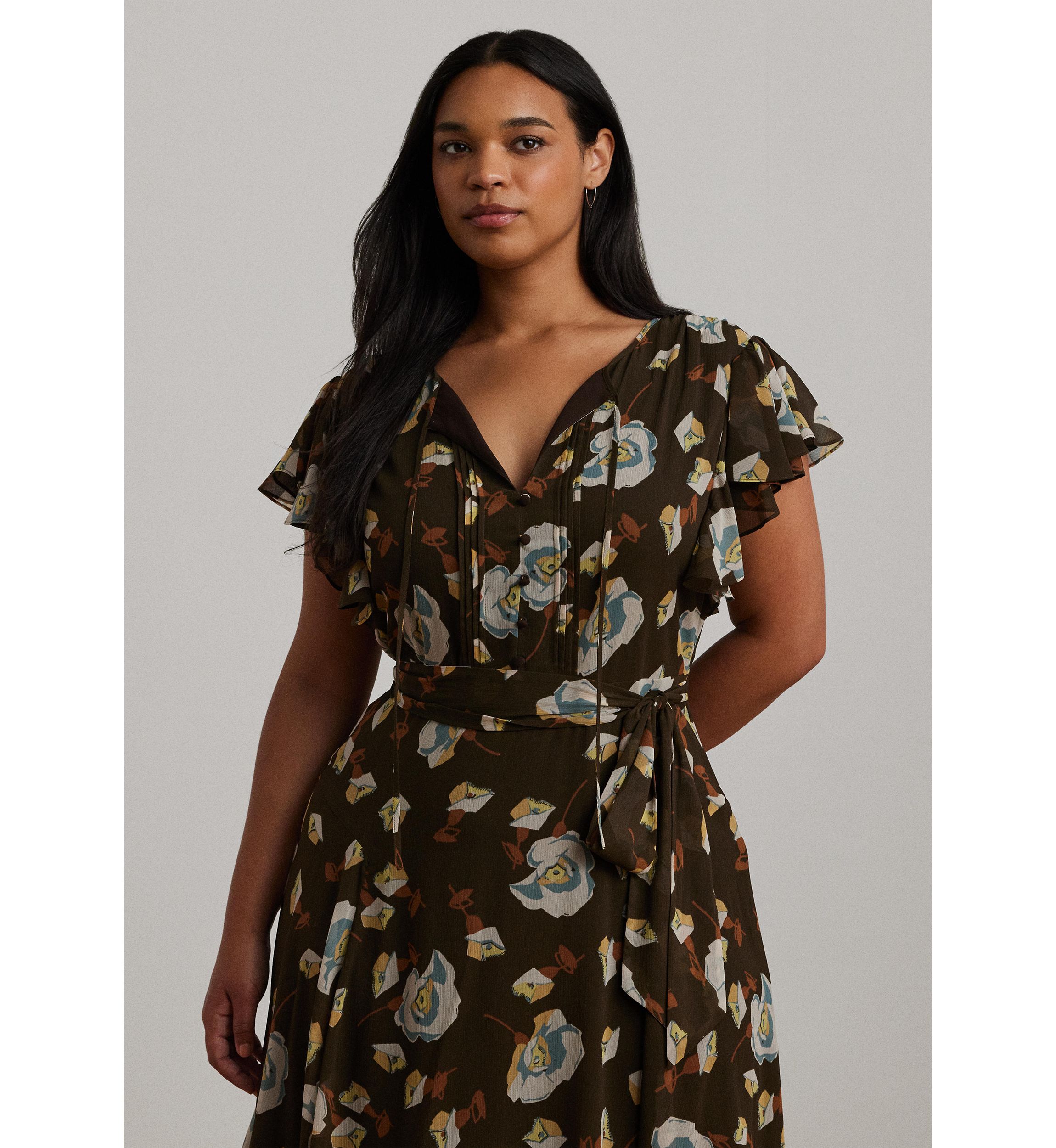 Plus Size Floral Georgette Flutter-Sleeve Dress